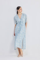 Maxi Gathered Dress in Blue Florals Longshot