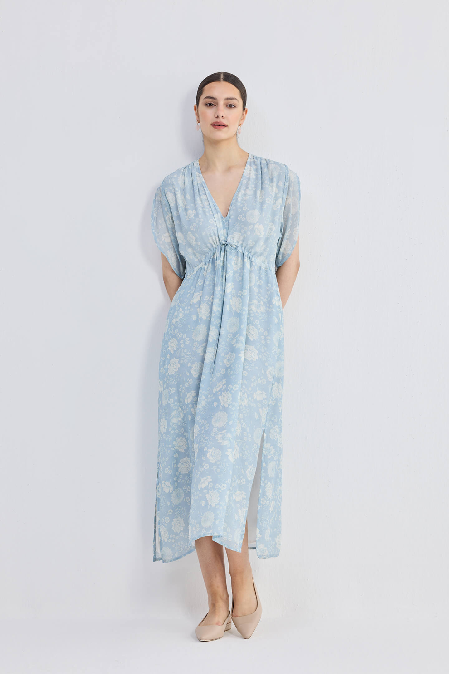 Maxi Gathered Dress in Blue Florals Longshot