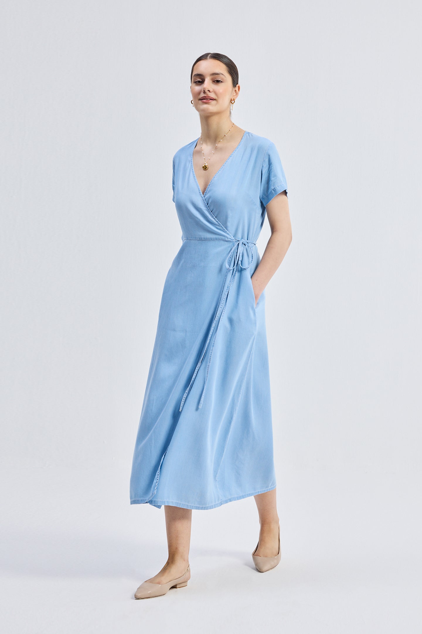 Maxi Wrap Dress in Light Blue Longshot