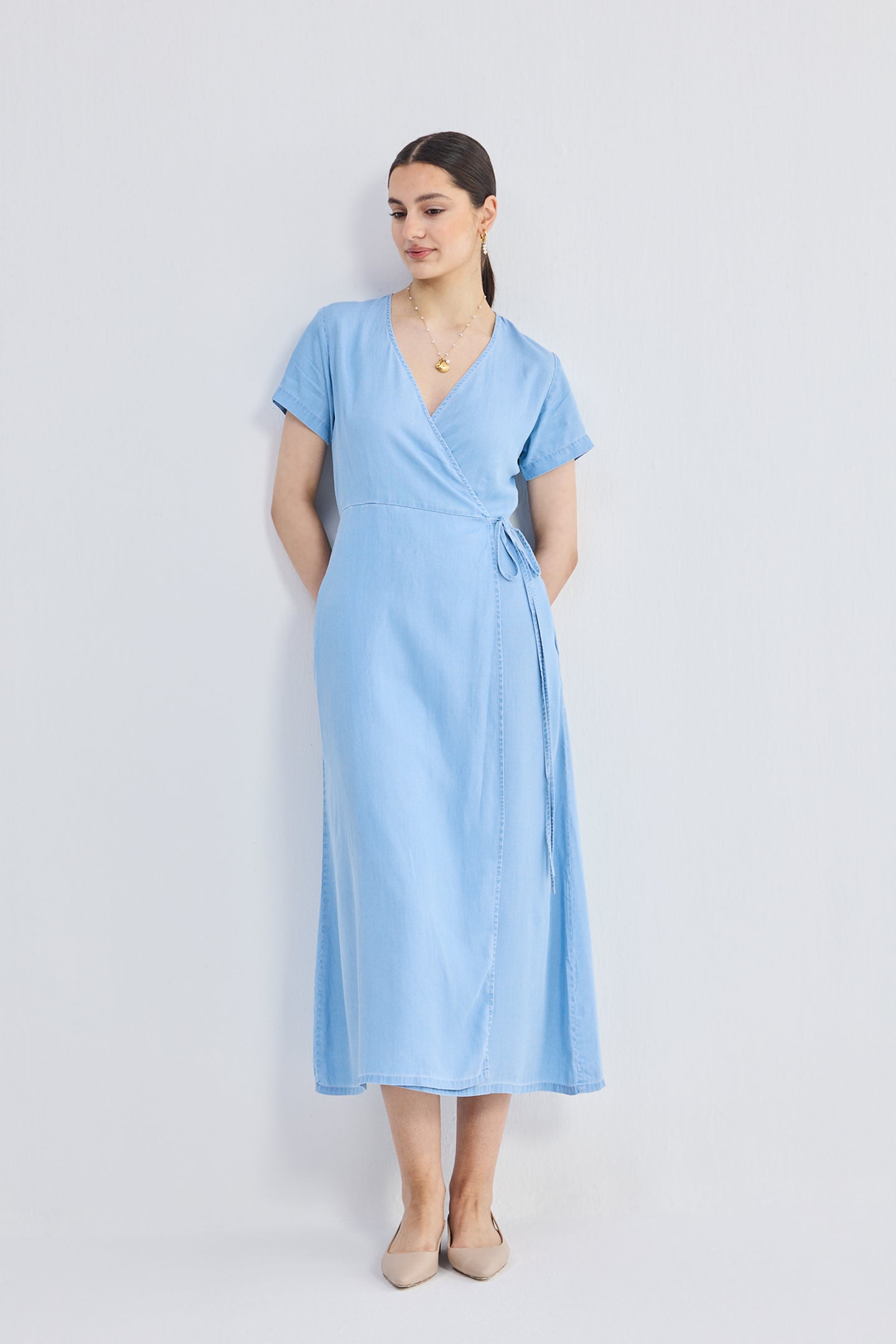 Maxi Wrap Dress in Light Blue Longshot
