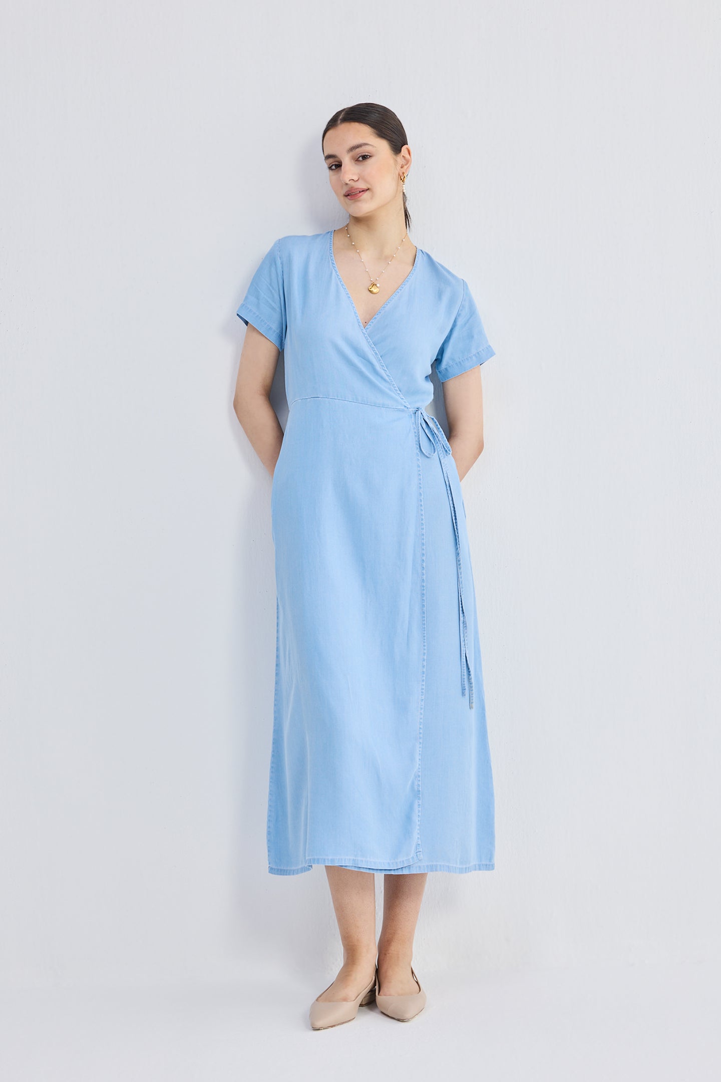 Maxi Wrap Dress in Light Blue Longshot