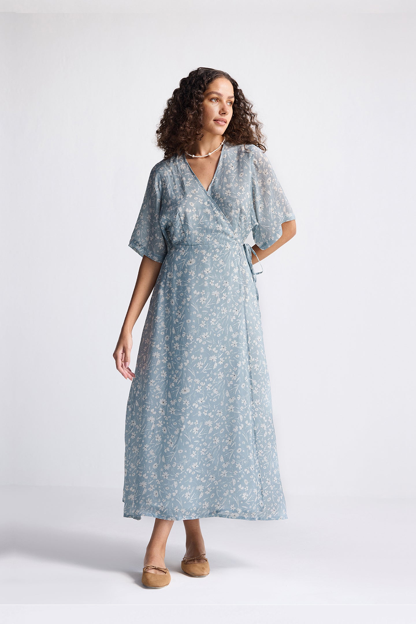 Maxi Wrap Dress in Light Blue Florals Longshot