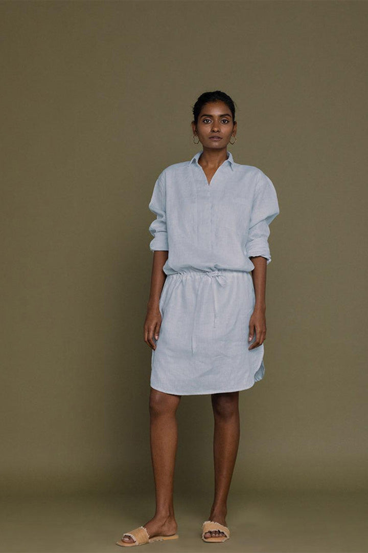 Reistor Meet Me by the Cliff Dress in Blue with a relaxed silhouette, breathable fabric, rolled sleeves, and easy elegance