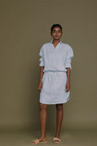 Reistor Meet Me by the Cliff Dress in Blue with a relaxed silhouette, breathable fabric, rolled sleeves, and easy elegance