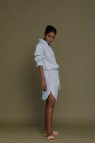 Reistor Meet Me by the Cliff Dress in Blue with a flattering side slit, relaxed fit, breathable fabric, and effortless charm