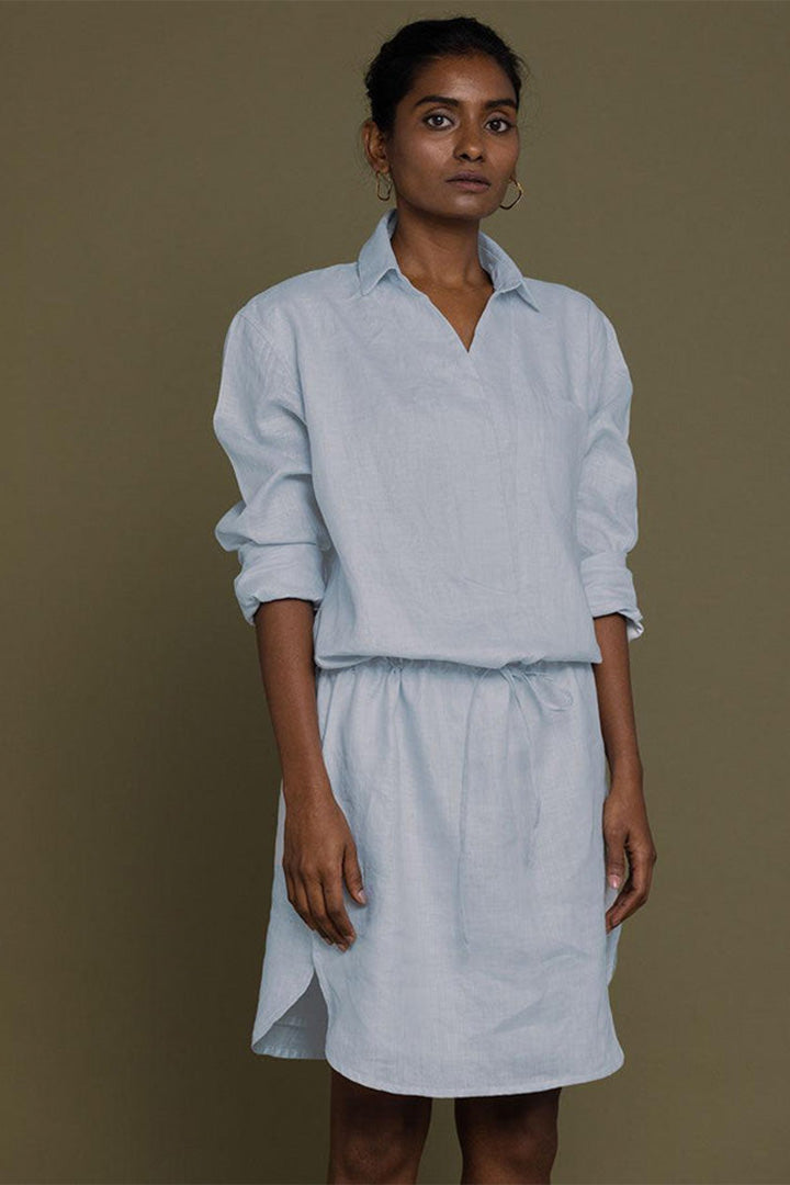 Reistor Meet Me by the Cliff Dress in Blue with a relaxed shirt collar, airy fabric, rolled sleeves, and effortless elegance