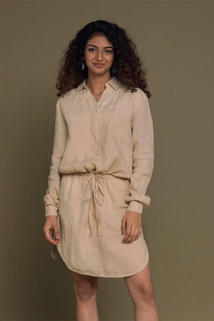 Meet me by the Cliff Dress in Neutral Beige by Reistor, full-length view of a sustainable women's beige dress