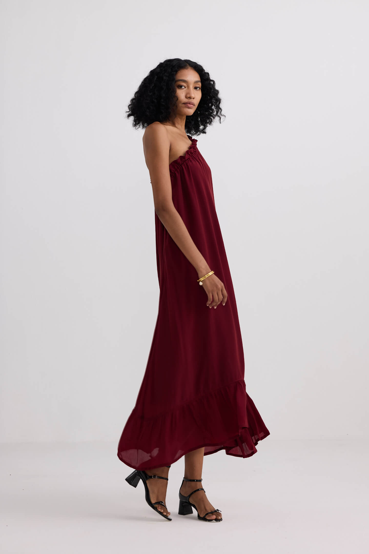 One-shoulder Midi dress in Burgundy Longshot