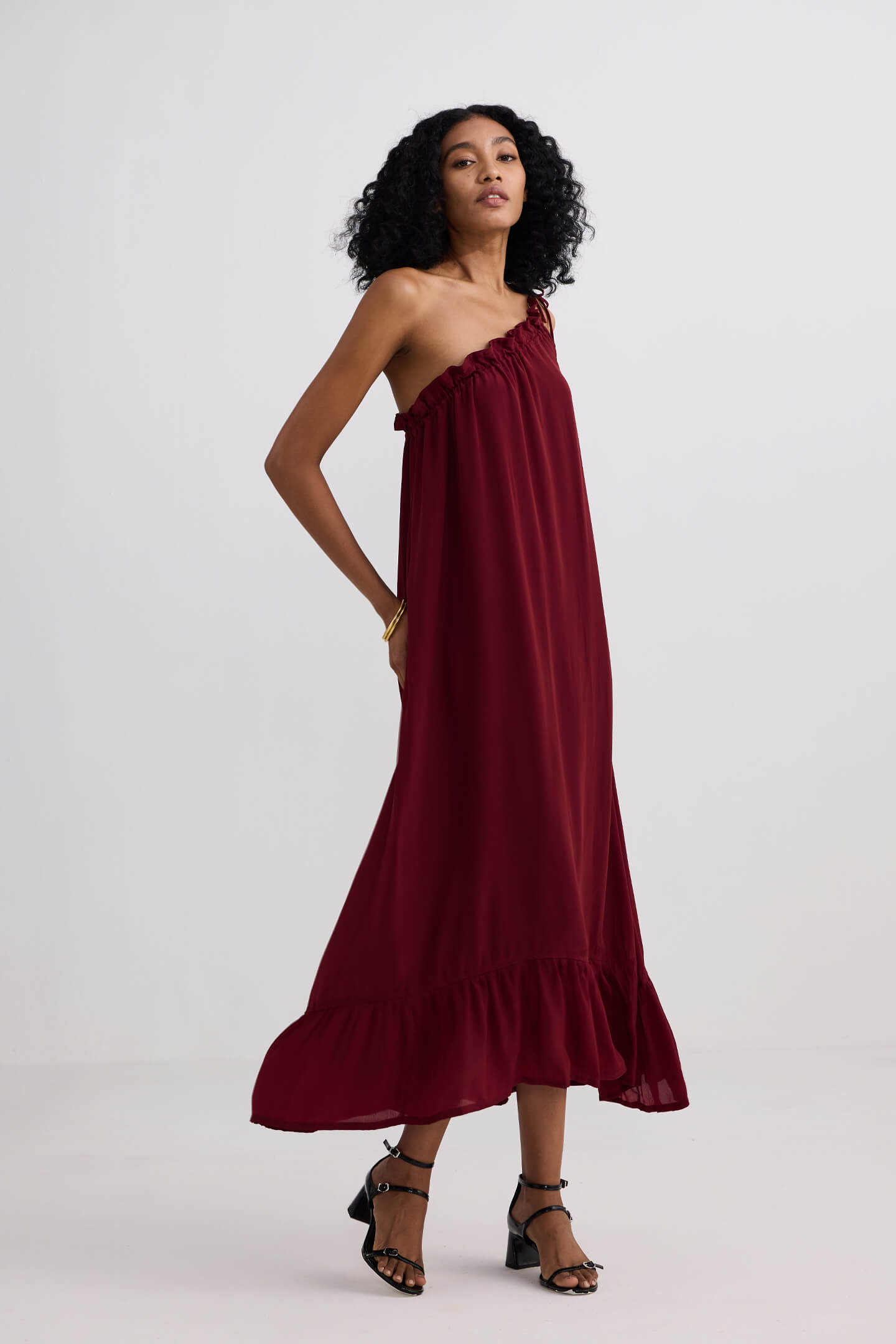 One-shoulder Midi dress in Burgundy Longshot