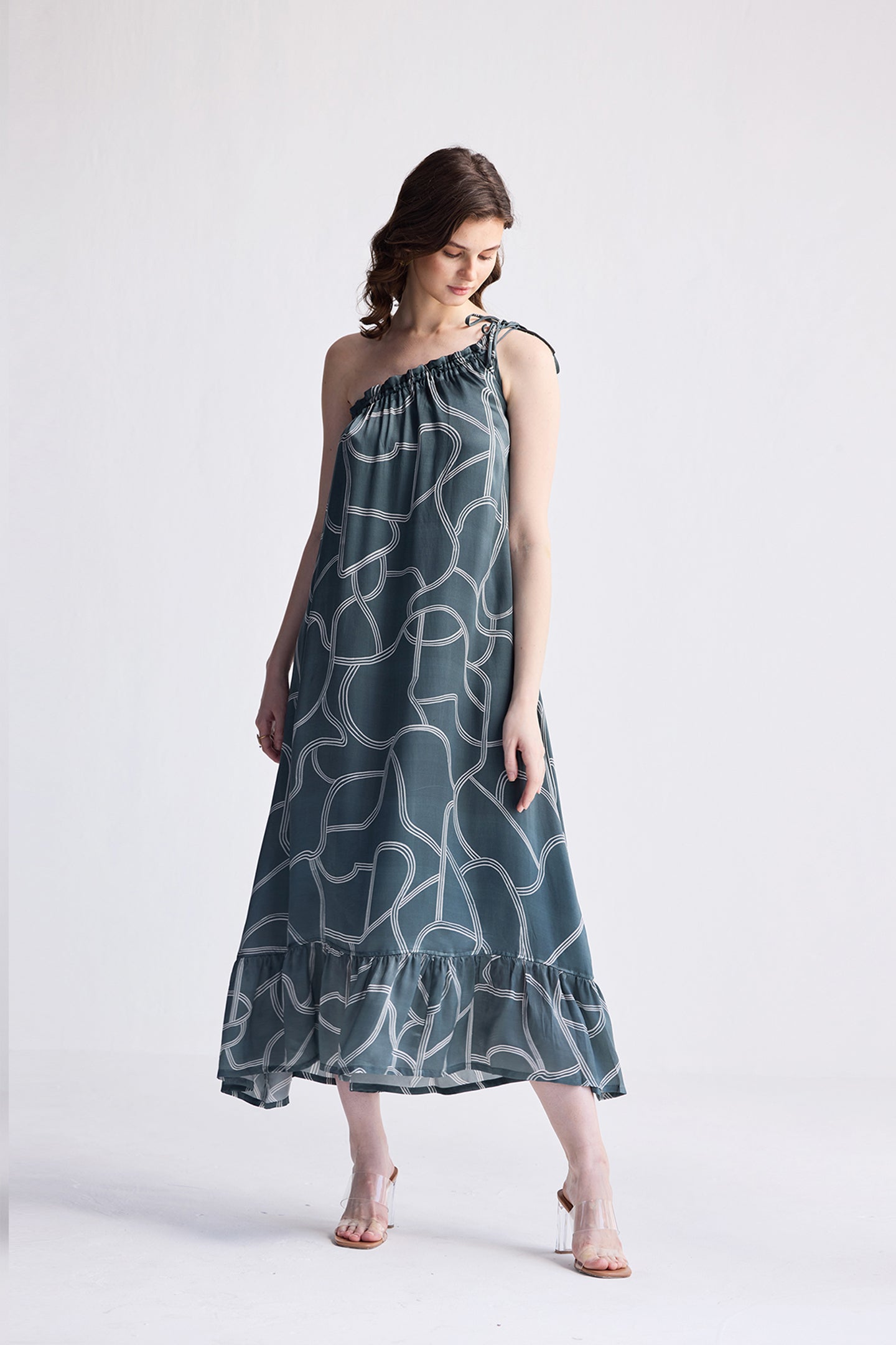 One Shoulder Maxi Dress in Abstract Stripes Long Shot