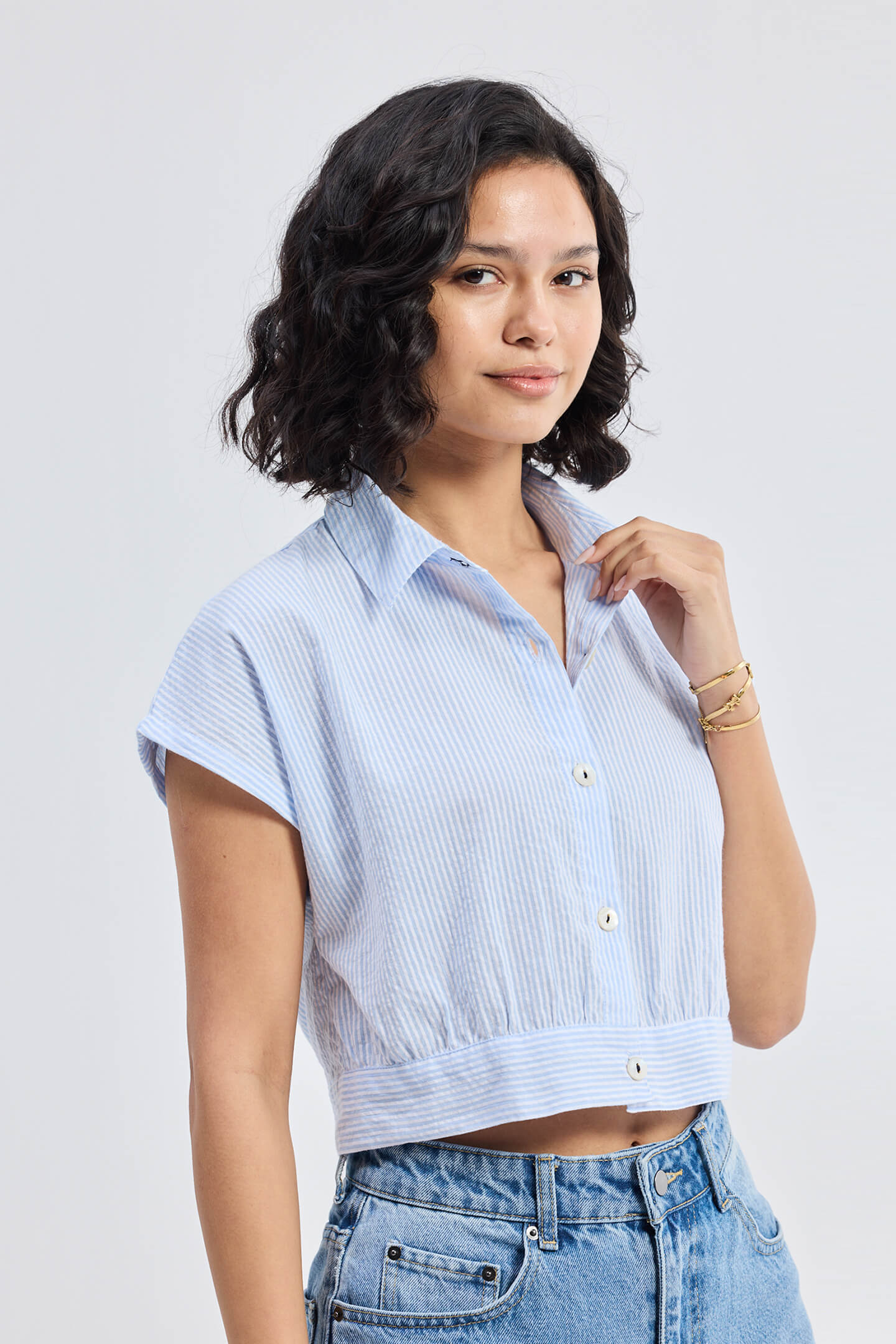 Oversized Crop Shirt in Classic Stripes Longshot