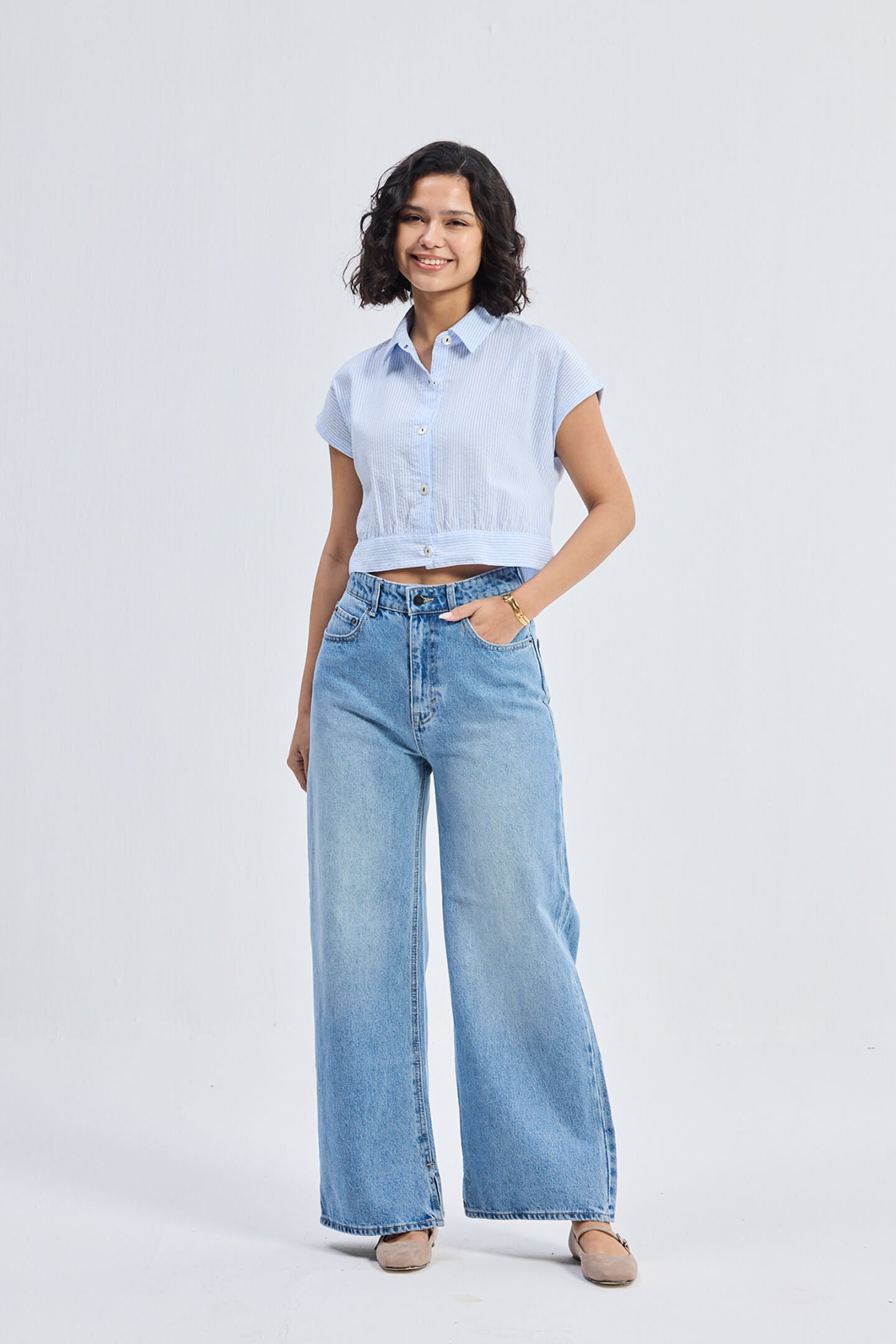 Oversized Crop Shirt in Classic Stripes Longshot