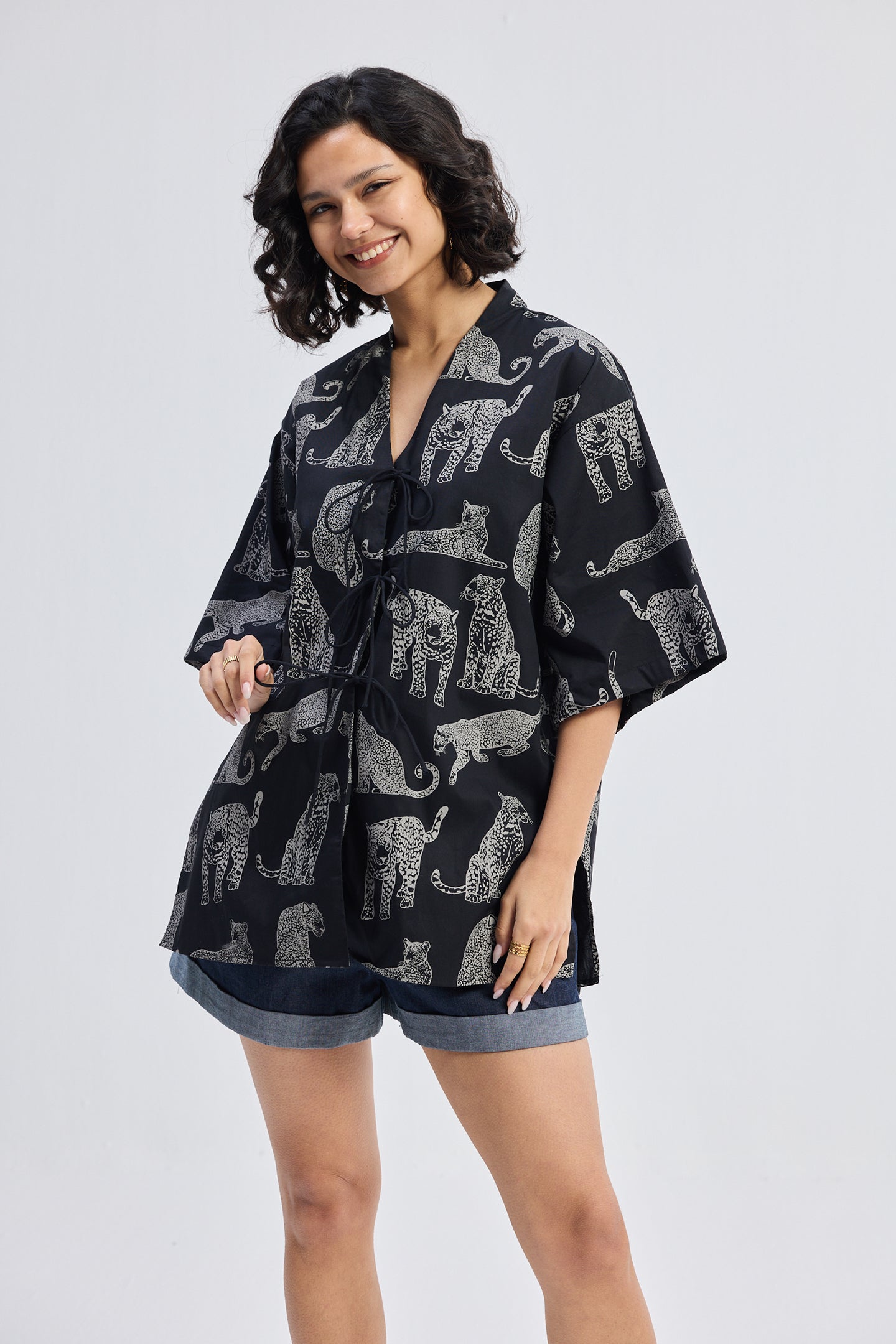 Oversized Shirt with Front-ties in Animal Print
