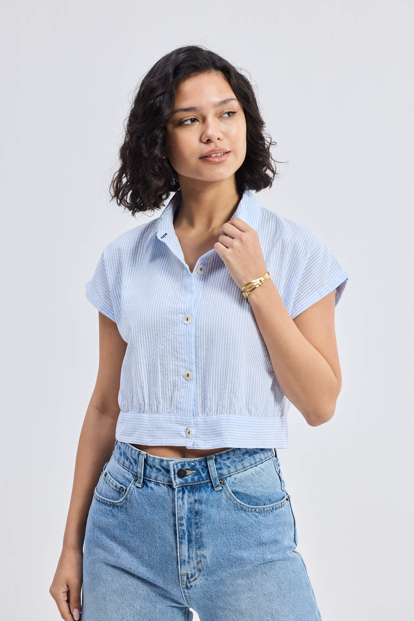 Front view of the Oversized Crop Shirt in Classic Stripes by Reistor, highlighting the light blue vertical stripes, classic collar, and button-down design.
