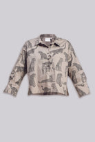 A Reistor Oversized Cropped Button-down Shirt In Animal Print in an oversized fit, featuring a handcrafted animal pattern.
