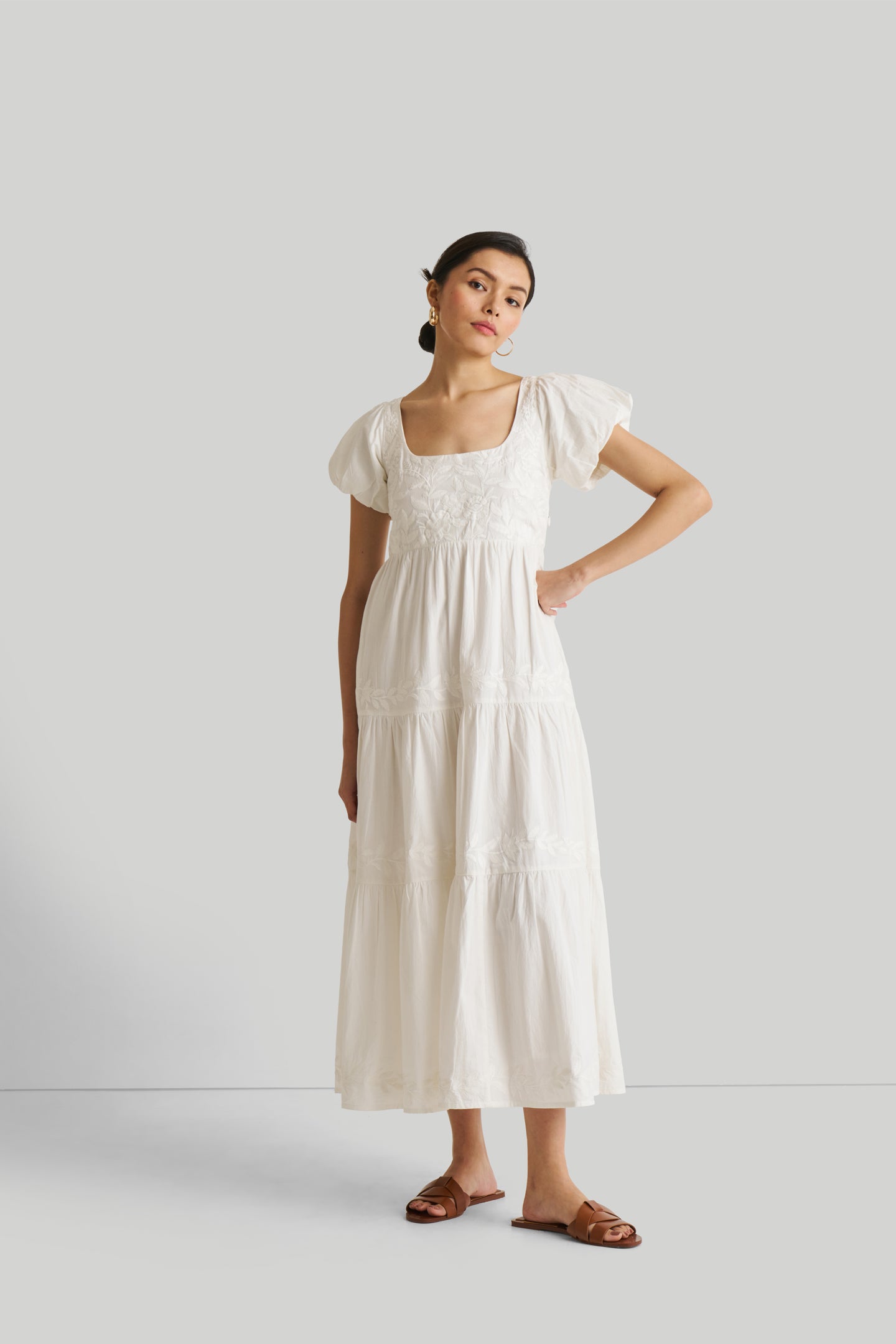 Puff Sleeve Embroidered Tiered Dress in White