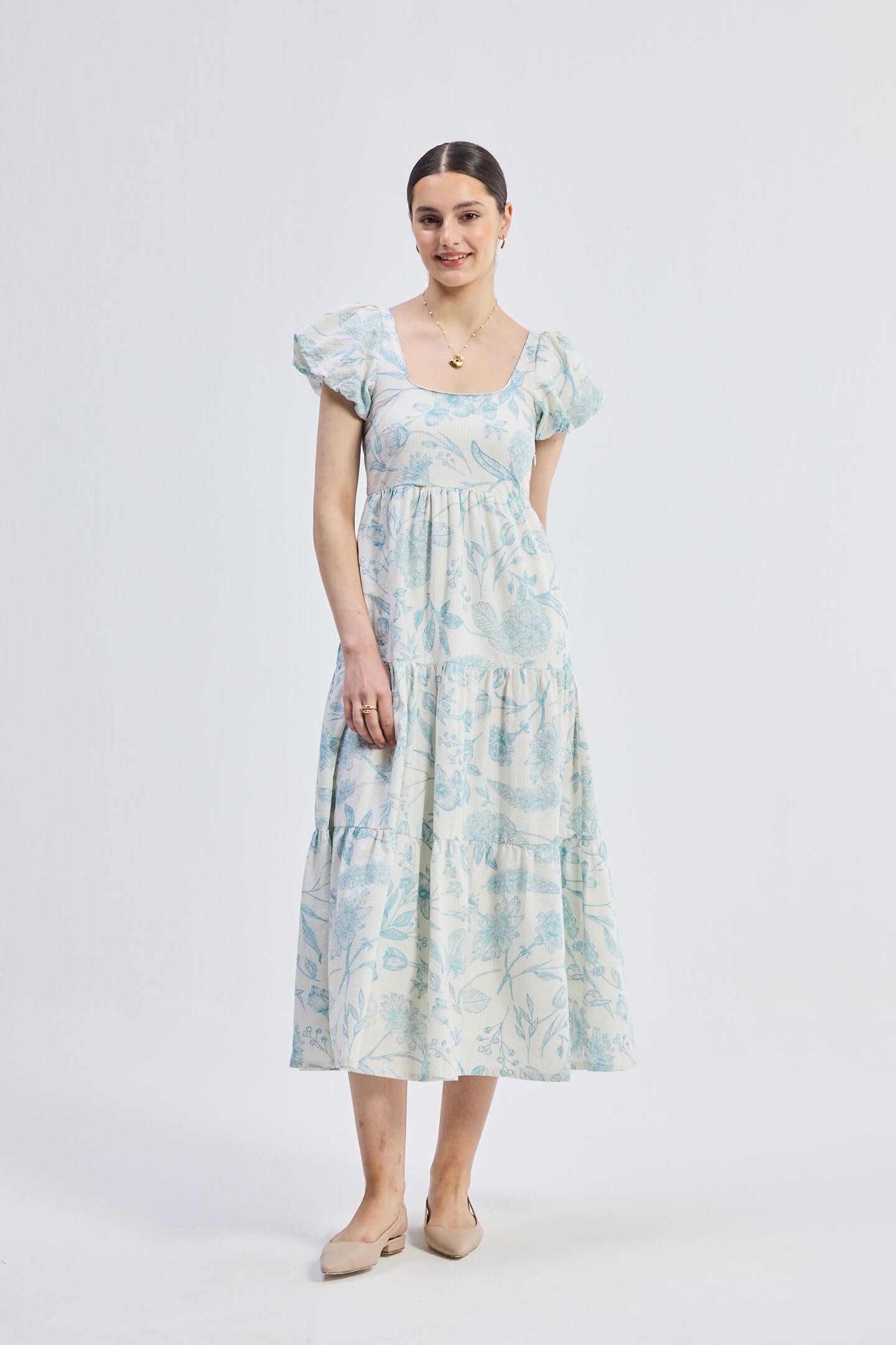 Puff Sleeve Tiered Maxi Dress in Blue Florals Longshot