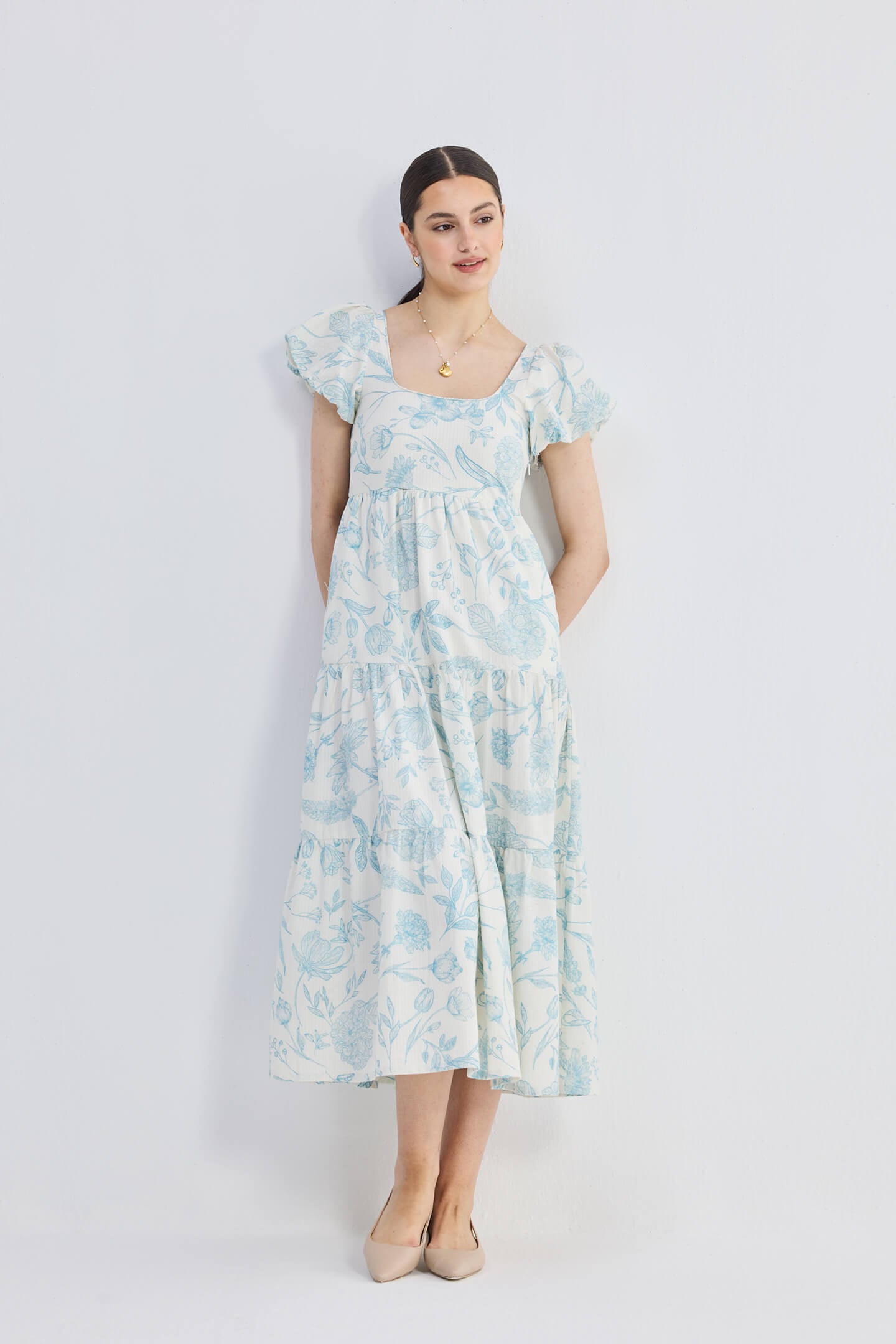 Puff Sleeve Tiered Maxi Dress in Blue Florals Longshot
