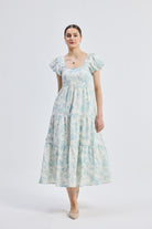 Puff Sleeve Tiered Maxi Dress in Blue Florals Longshot