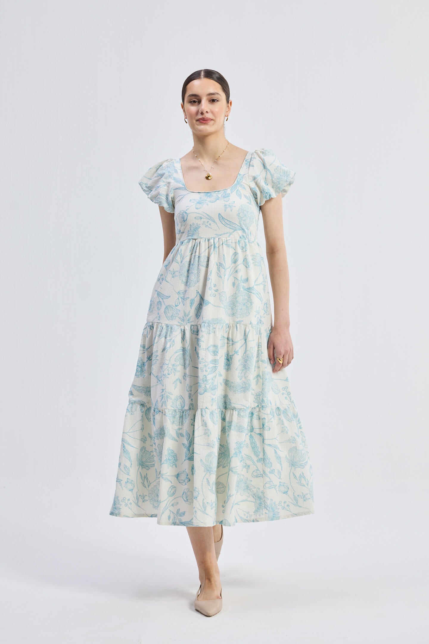 Puff Sleeve Tiered Maxi Dress in Blue Florals Longshot