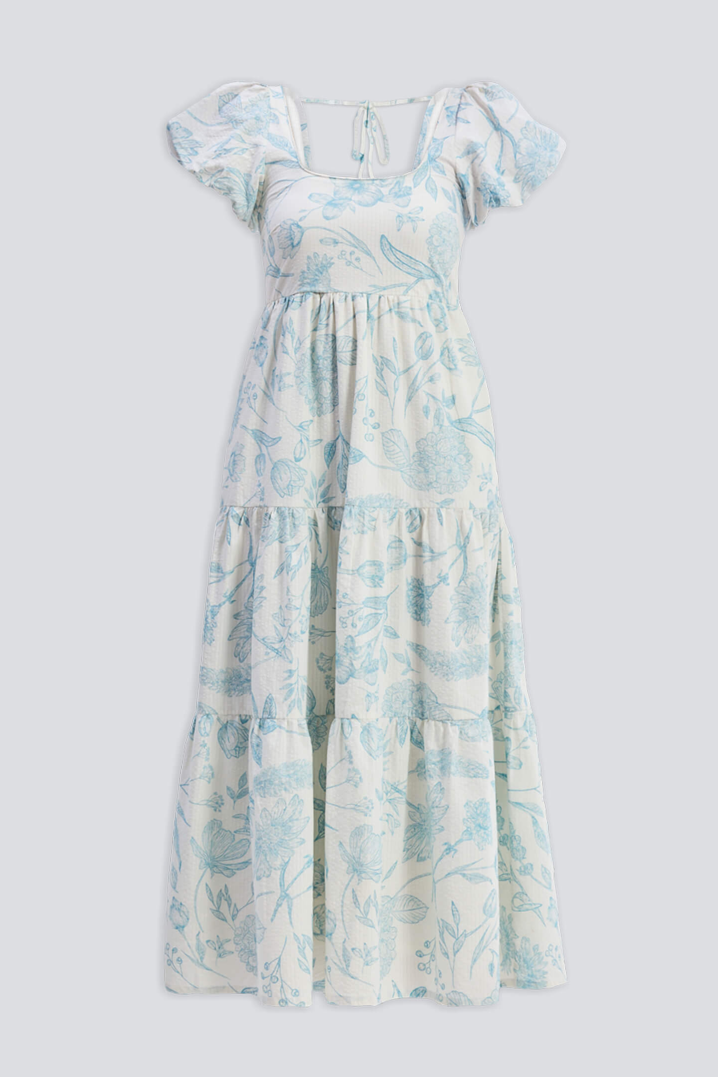 Puff Sleeve Tiered Maxi Dress in Blue Florals Flat Lay