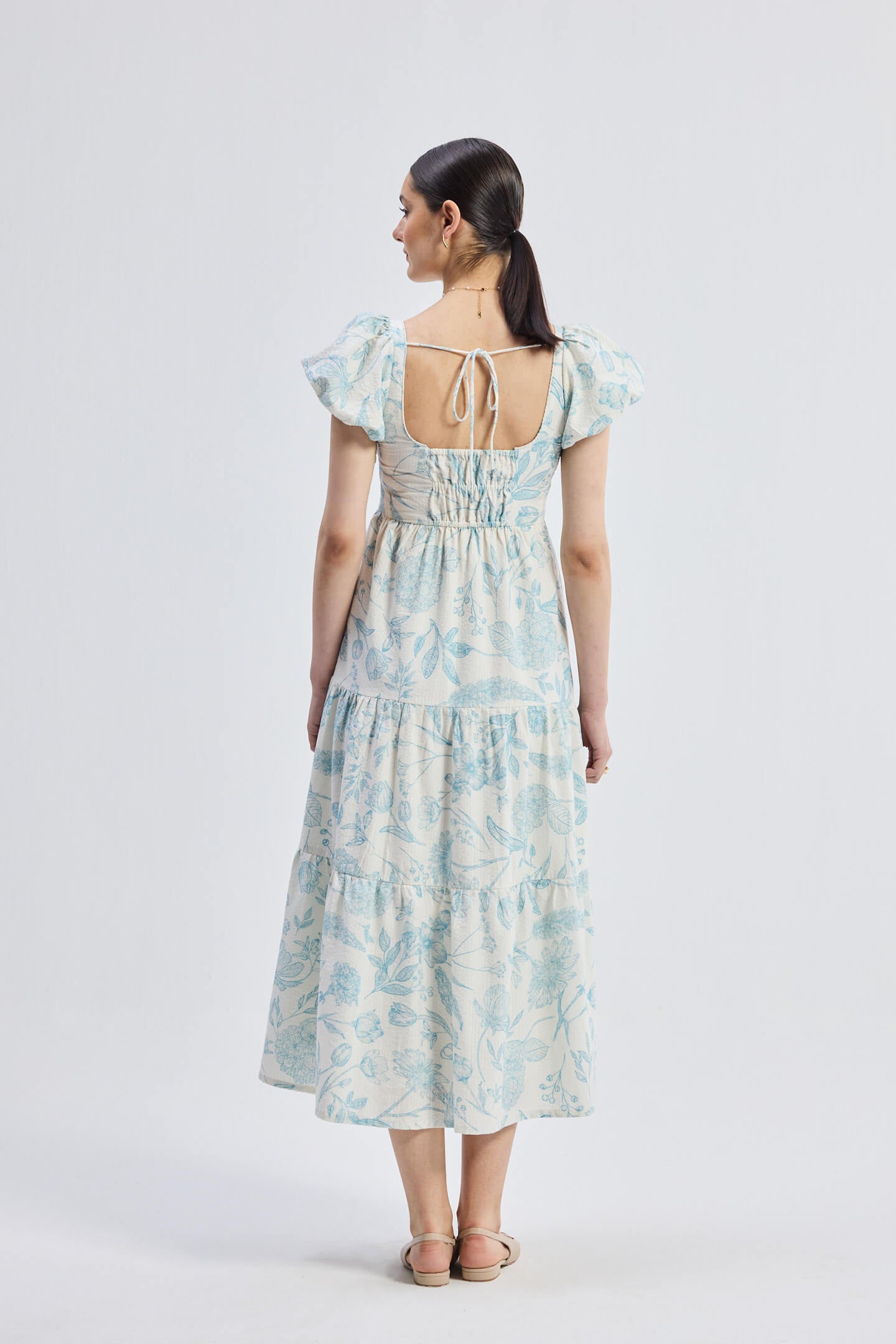 Puff Sleeve Tiered Maxi Dress in Blue Florals Longshot