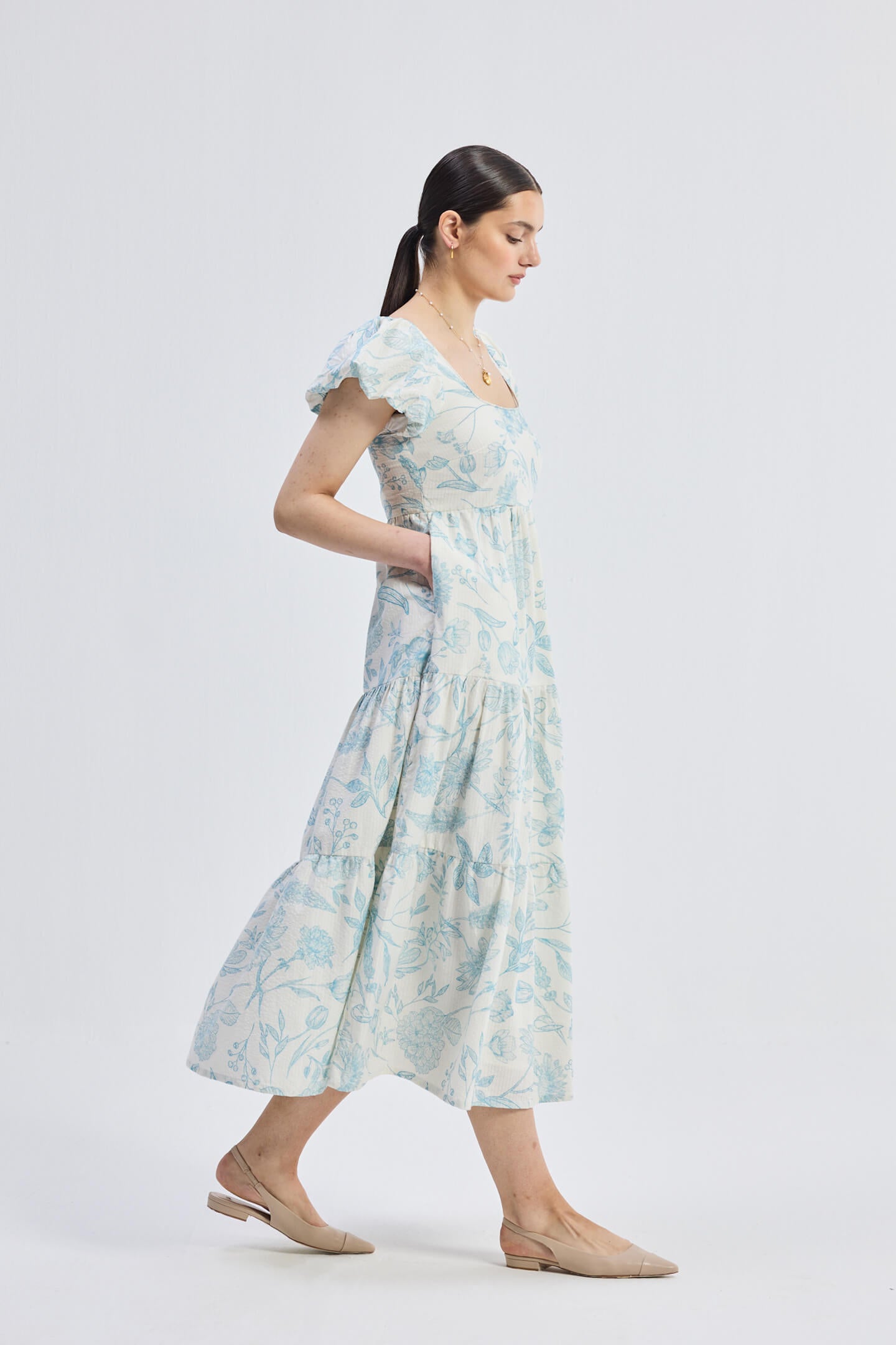Puff Sleeve Tiered Maxi Dress in Blue Florals Longshot