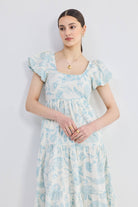 Puff Sleeve Tiered Maxi Dress in Blue Florals Closeup