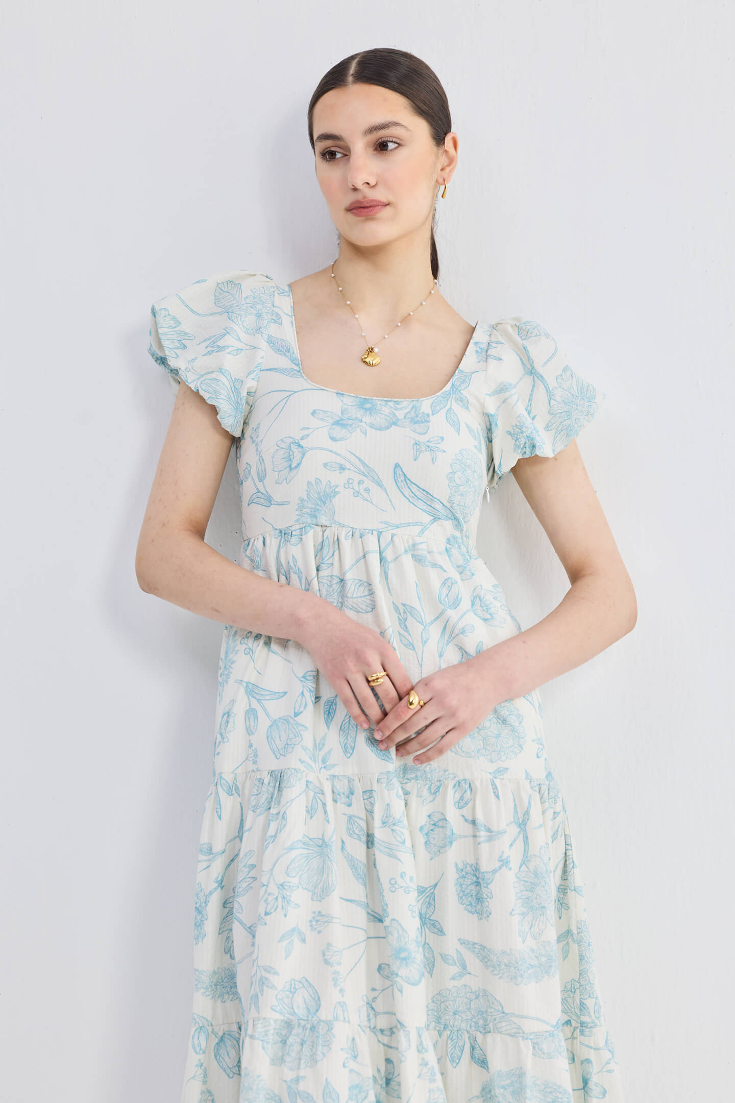 Puff Sleeve Tiered Maxi Dress in Blue Florals Closeup