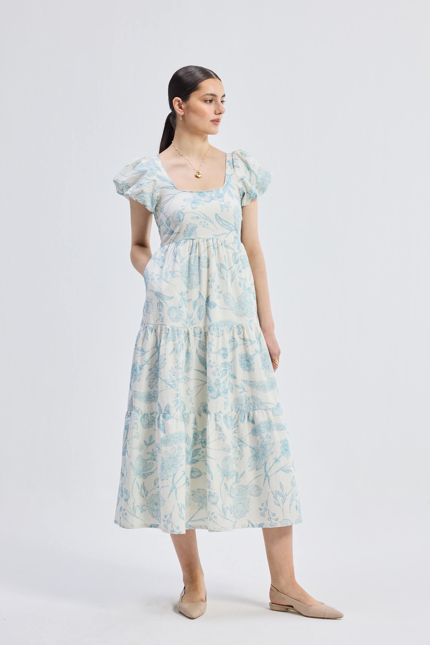 Puff Sleeve Tiered Maxi Dress in Blue Florals Longshot