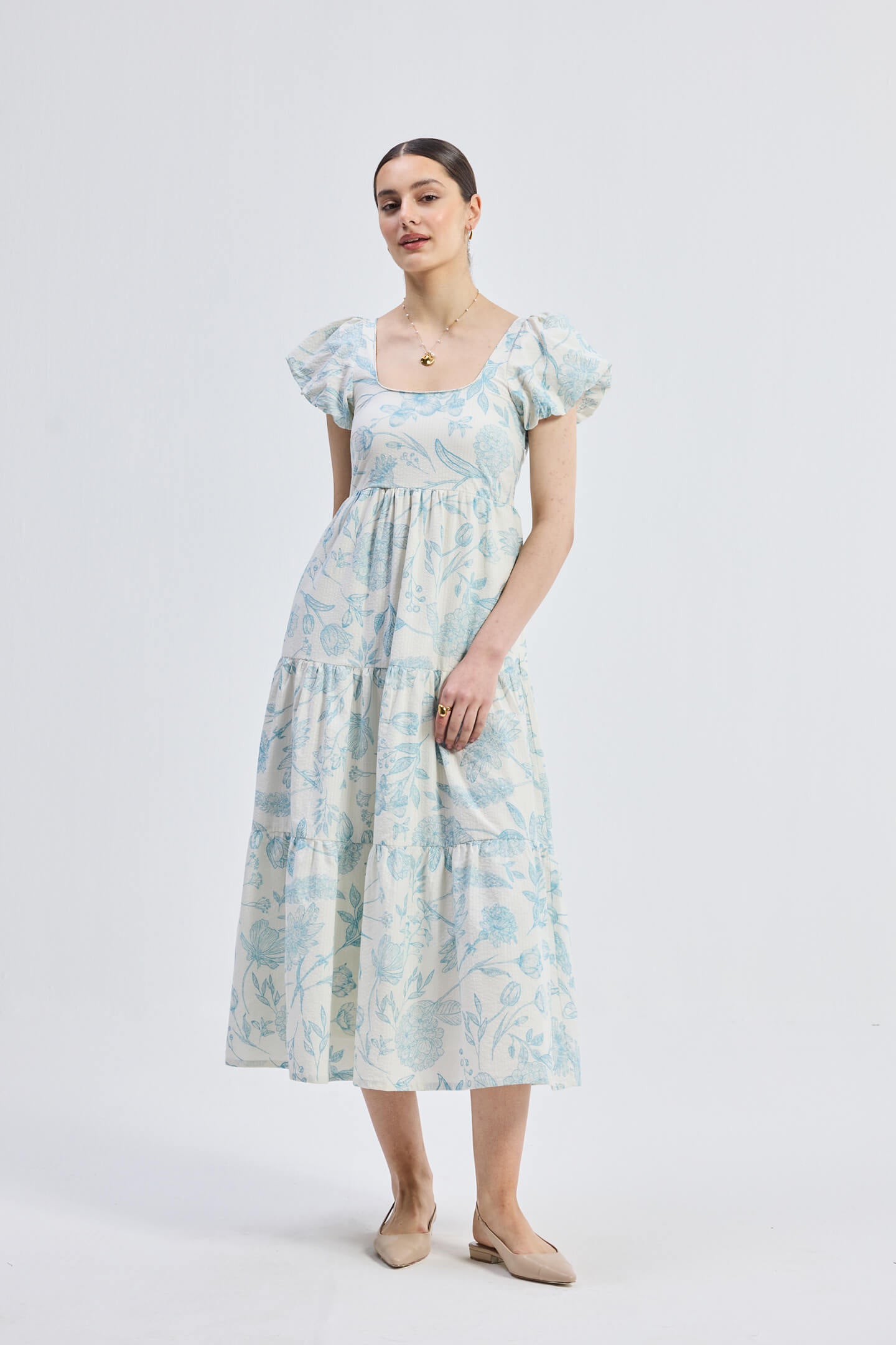 Puff Sleeve Tiered Maxi Dress in Blue Florals Longshot