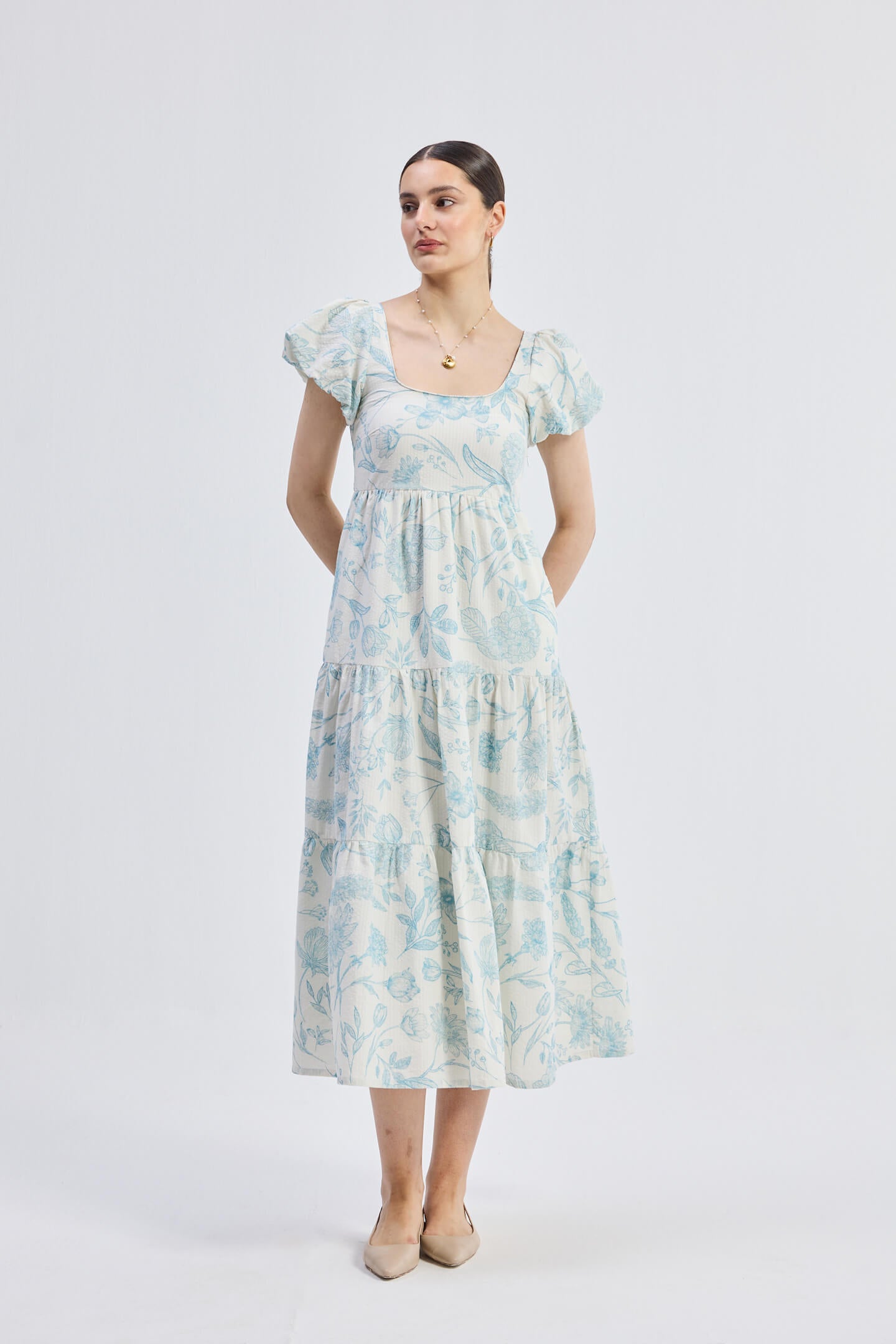 Puff Sleeve Tiered Maxi Dress in Blue Florals Longshot