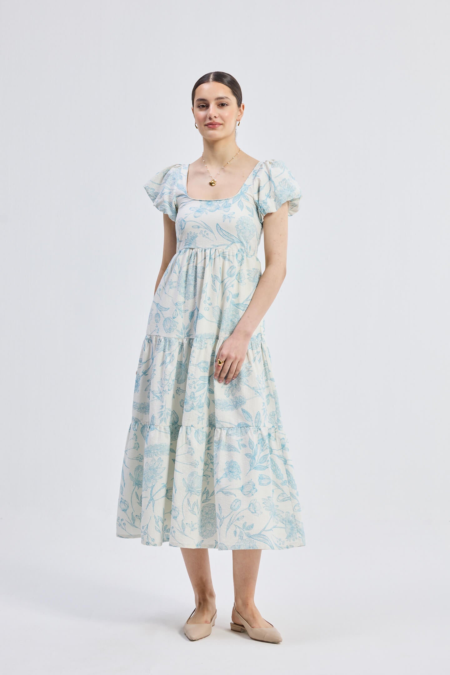 Puff Sleeve Tiered Maxi Dress in Blue Florals Longshot