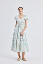 Puff Sleeve Tiered Maxi Dress in Blue Florals Longshot