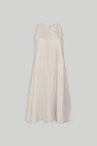 Reistor Reading Tea Leaves Dress in Ecru, sustainable sleeveless V-neck A-line midi dress with breathable fabric, relaxed fit, and timeless elegance.