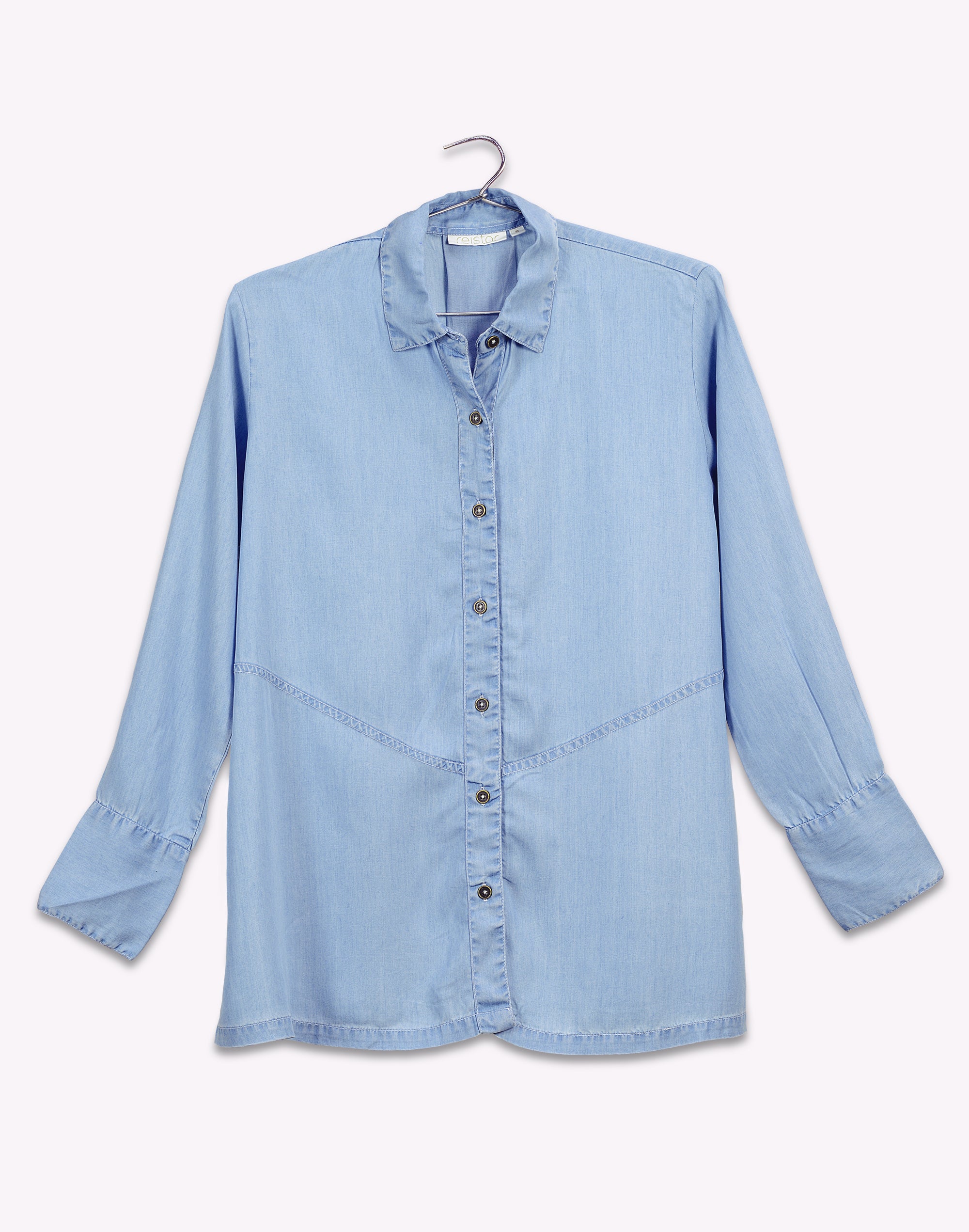 Front product view of the Reistor Ready for the World Shirt in Blue Denim, highlighting clean tailoring, premium denim texture and versatile everyday styling.