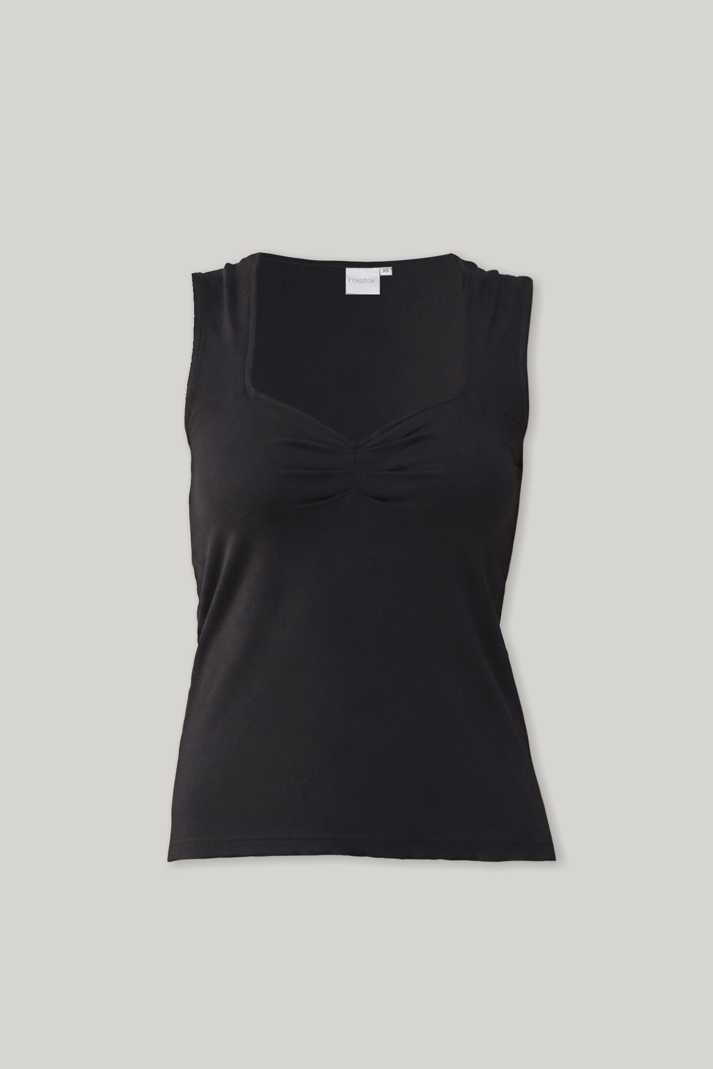 Reistor Regular Sweetheart Neck Top in Black featuring a flattering gathered neckline, sleeveless silhouette, and soft sustainable fabric for everyday wear.