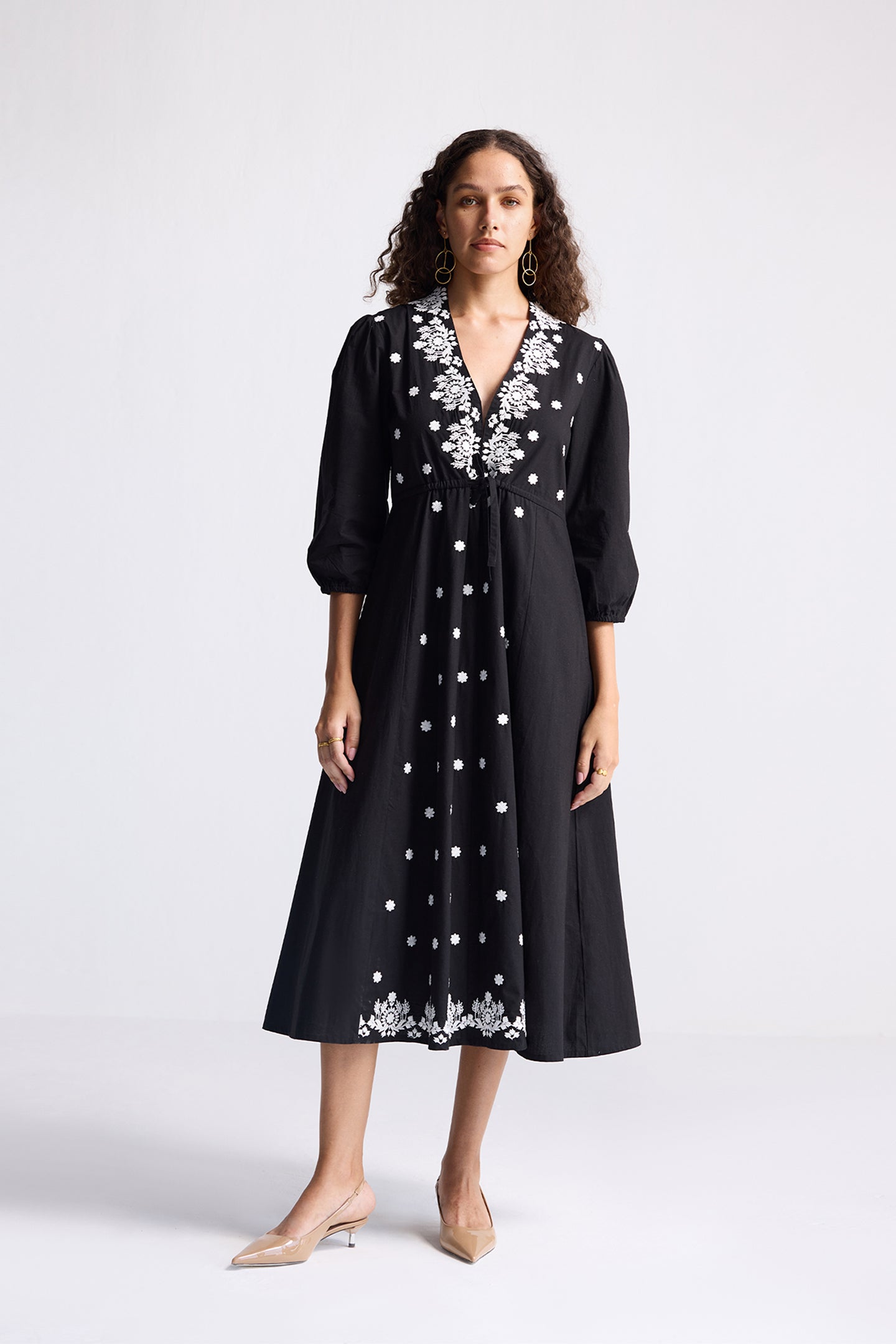 Drawstring Embroidered Dress in Black Longshot
