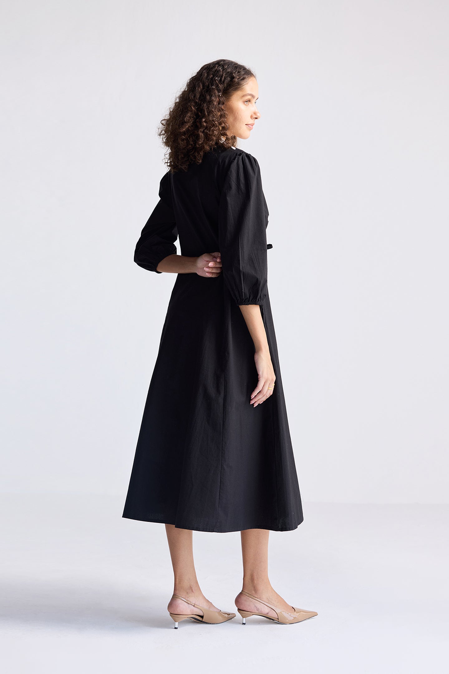 Drawstring Embroidered Dress in Black Longshot