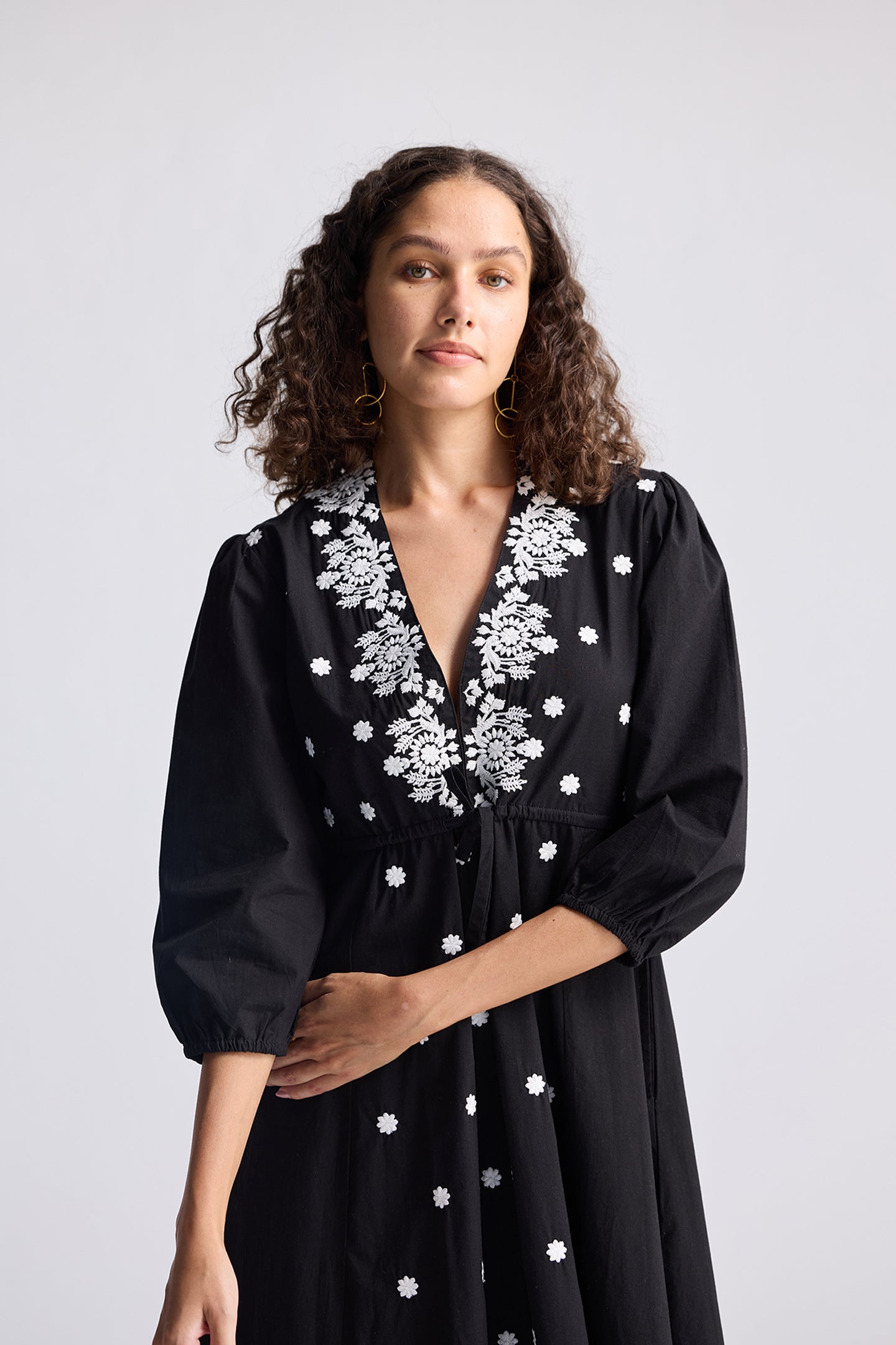 Drawstring Embroidered Dress in Black Medium Shot