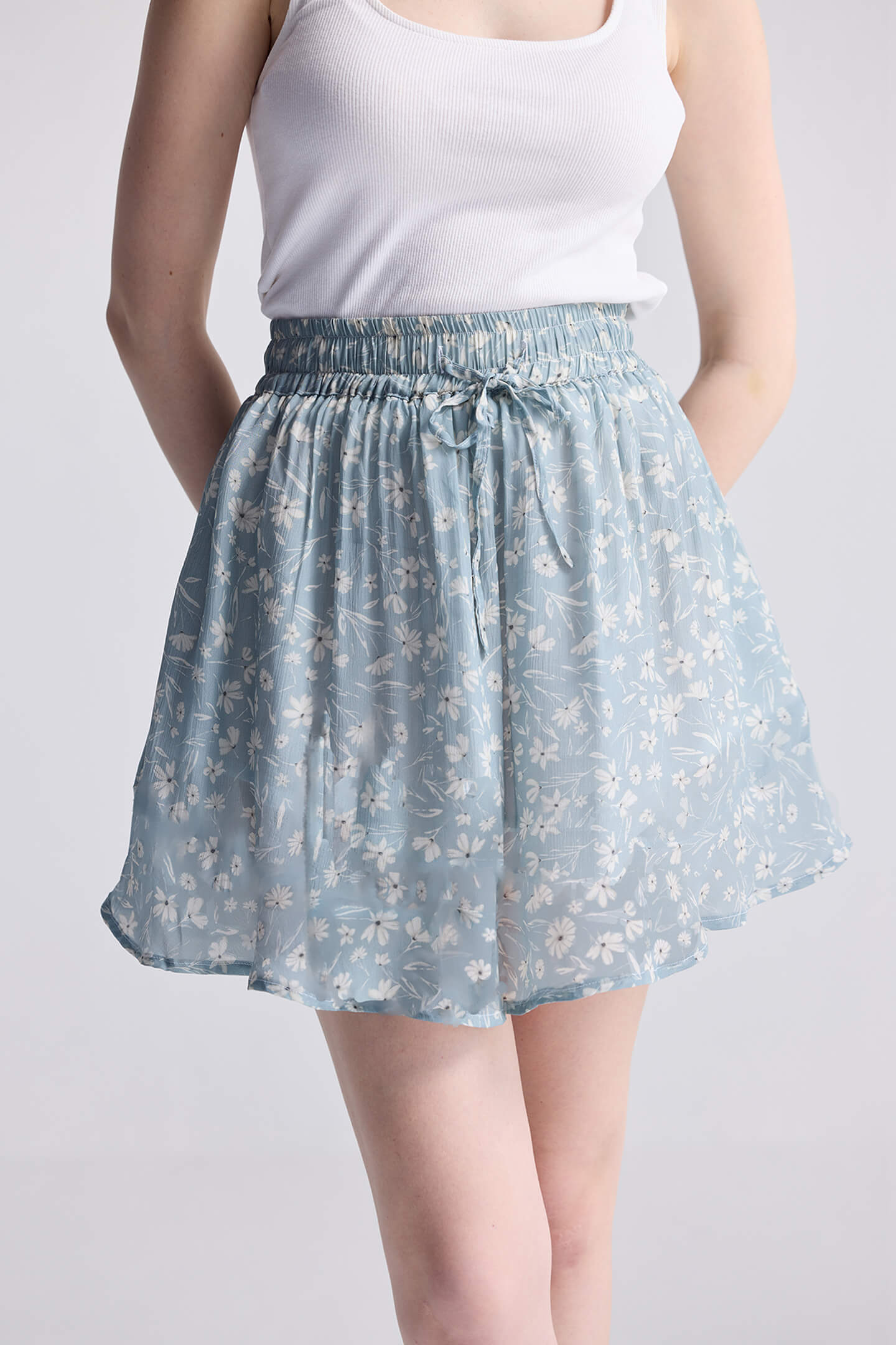 Drawstring Short Skirt in Light Blue Florals Medium Shot