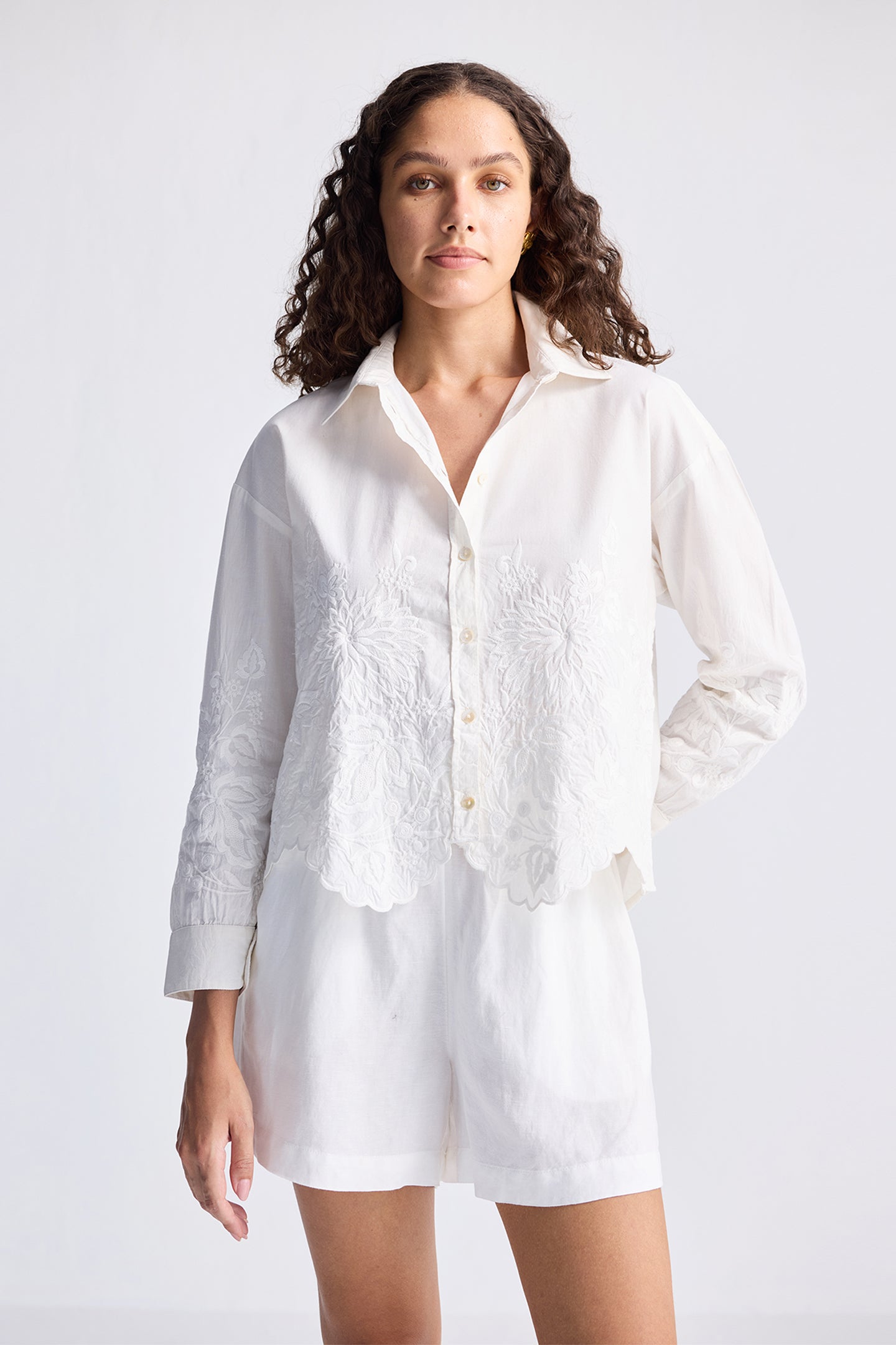 Embroidered Button-up Shirt in White  Medium Shot