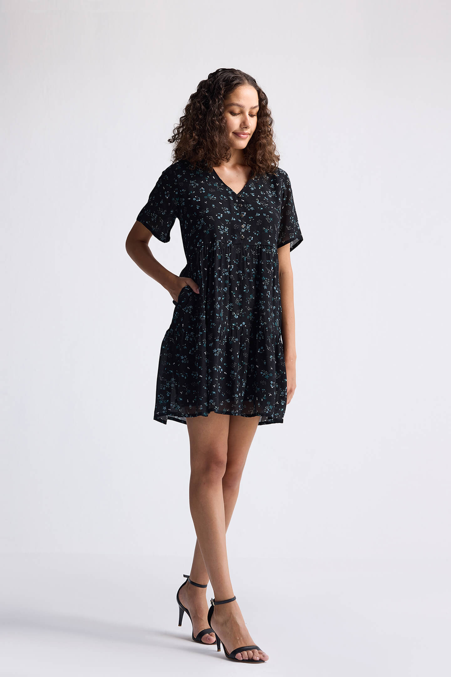 Floral Short Tiered Dress in Dark Blue Long Shot