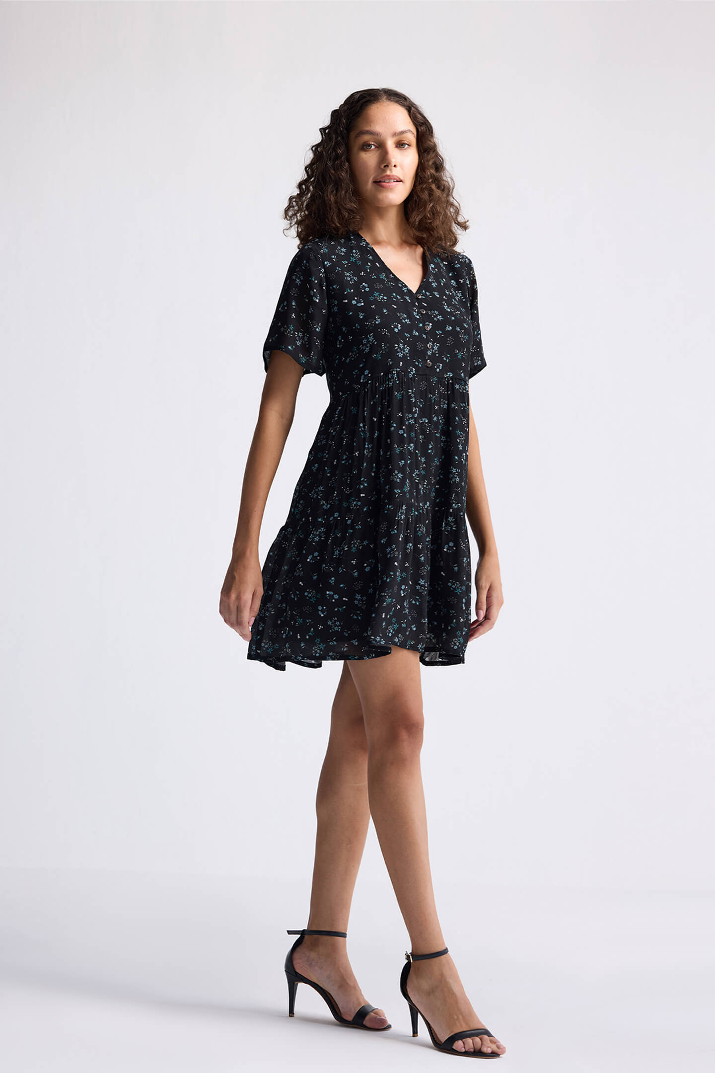 Floral Short Tiered Dress in Dark Blue Long Shot