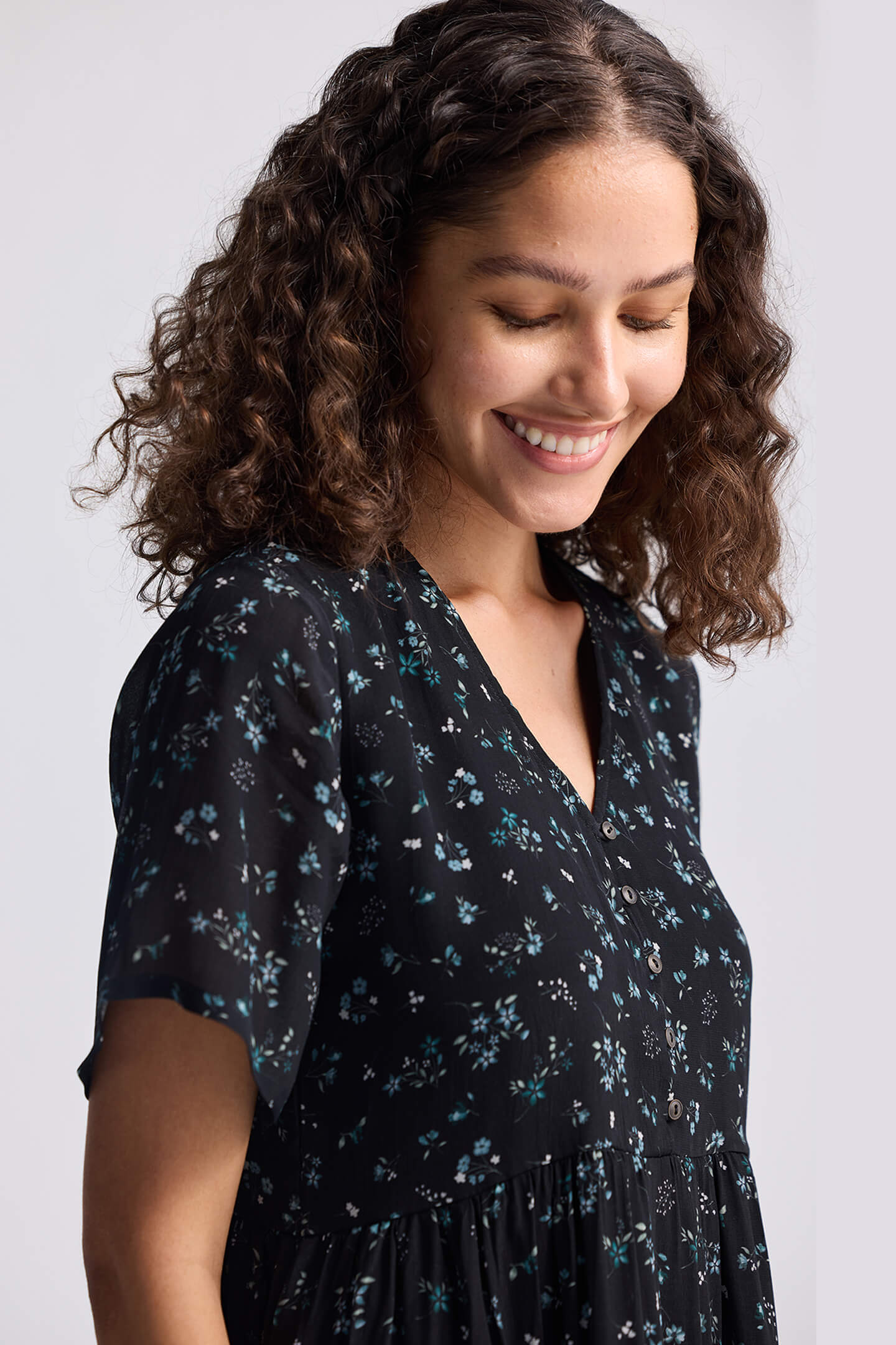 Floral Short Tiered Dress in Dark Blue Closeup
