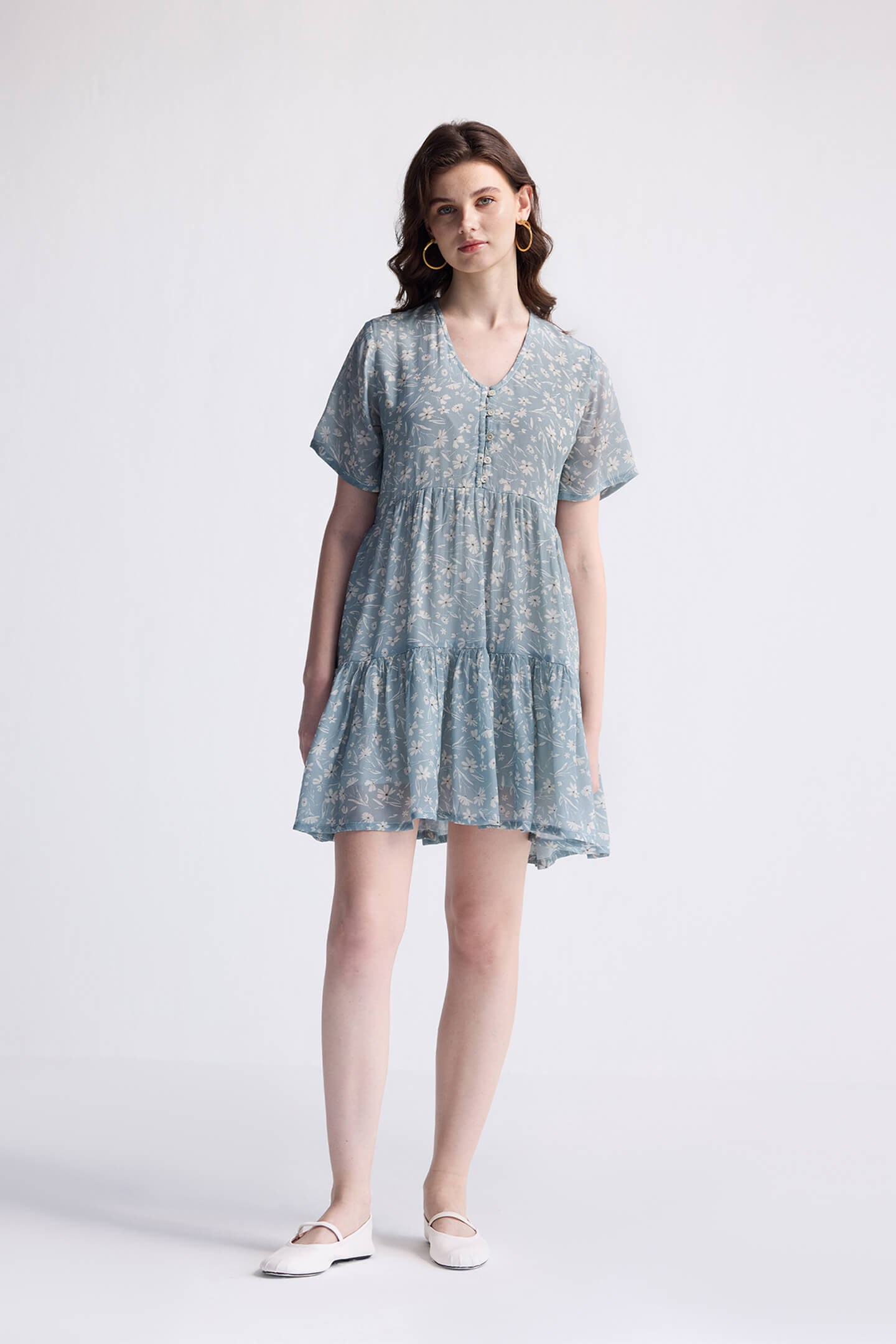 Floral Short Tiered dress in Light Blue Long Shot