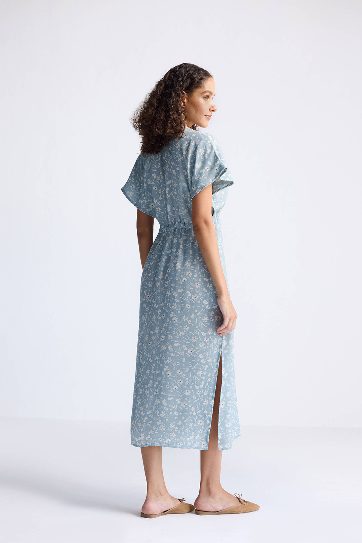 Gathered Maxi Dress in Light Blue Florals Long Shot