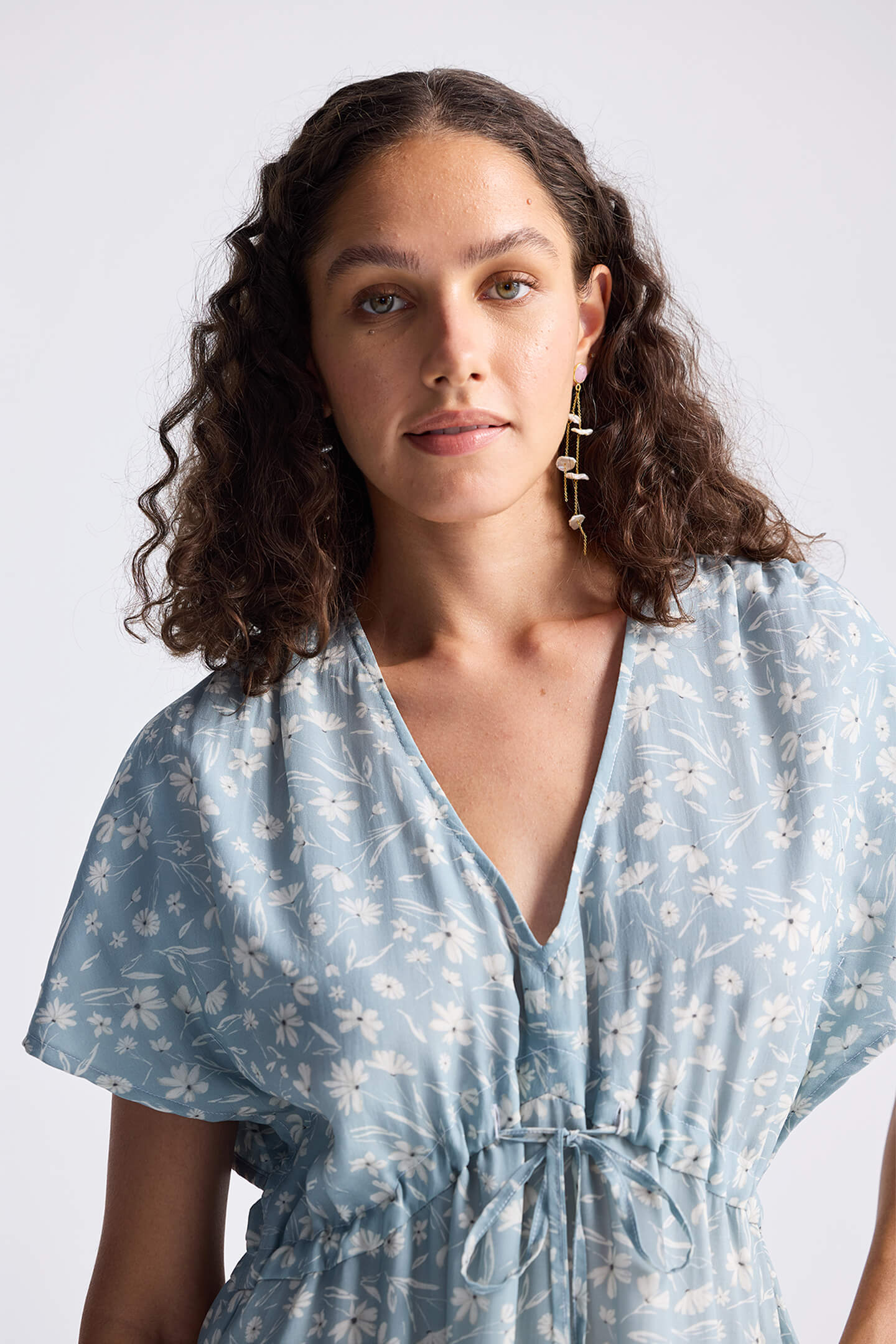 Gathered Maxi Dress in Light Blue Florals Medium Shot