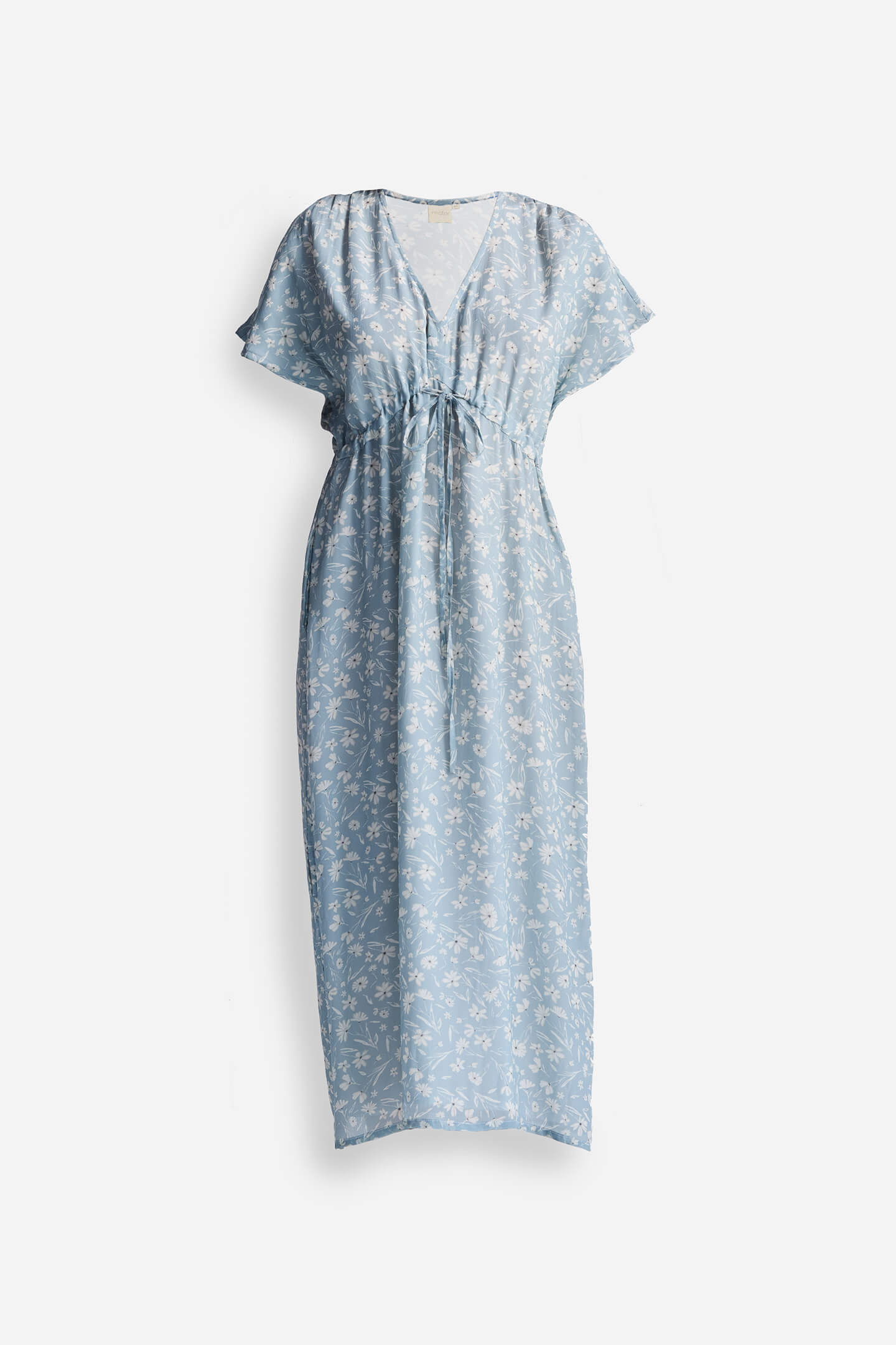 Gathered Maxi Dress in Light Blue Florals Flat Lay