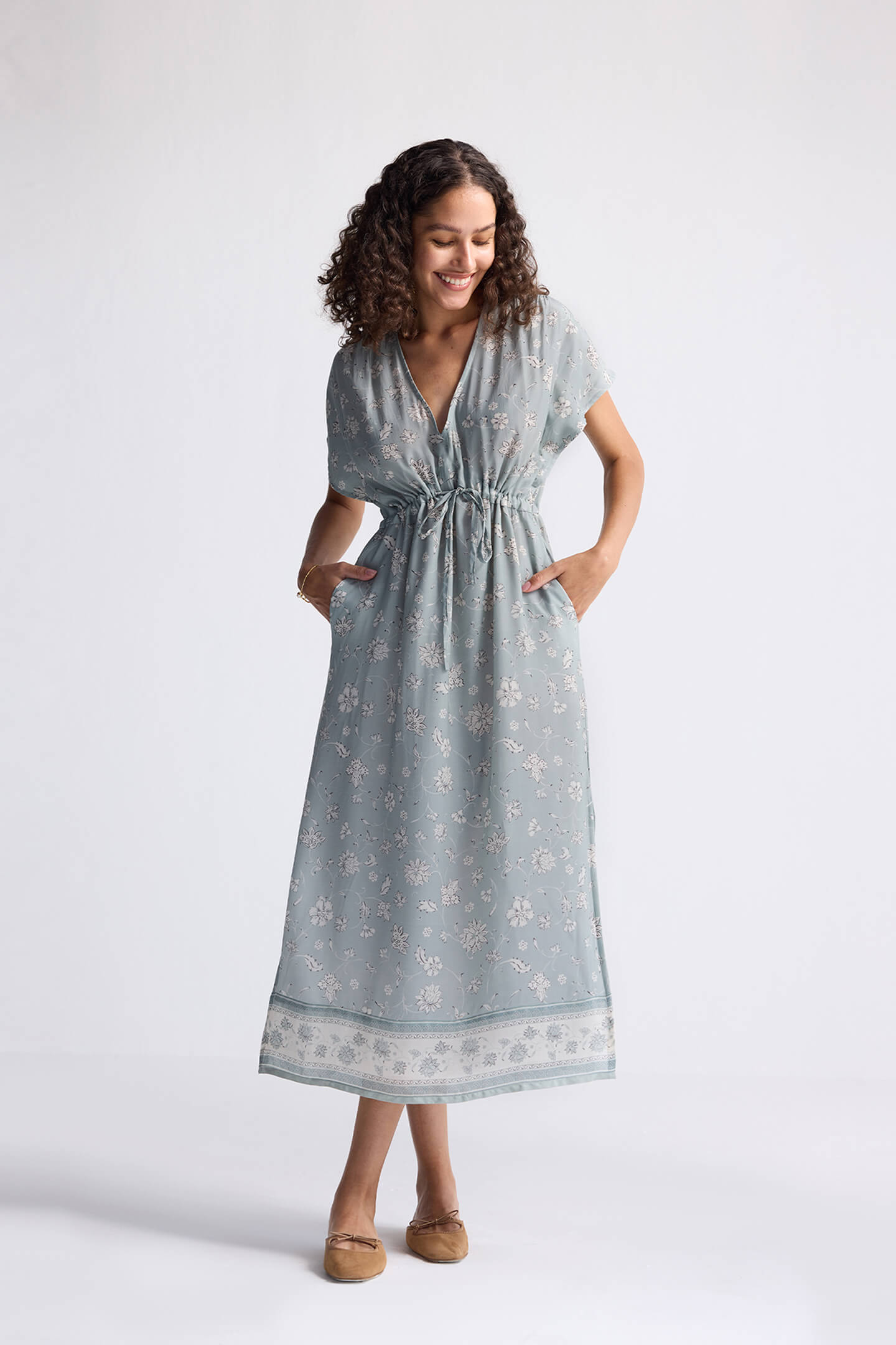 Gathered Maxi Dress in Sage Green Long Shot